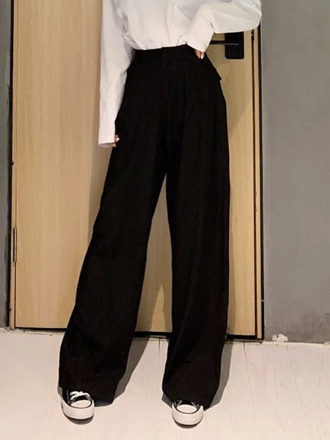 2021 Retro Solid Color Straight Wide Leg Pants Female Spring High Waist Sizes S - XL