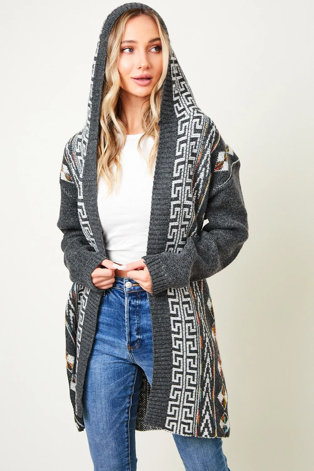 Aztec Pattern Long Sleeve Hooded Open Front Long Sweater Cardigan