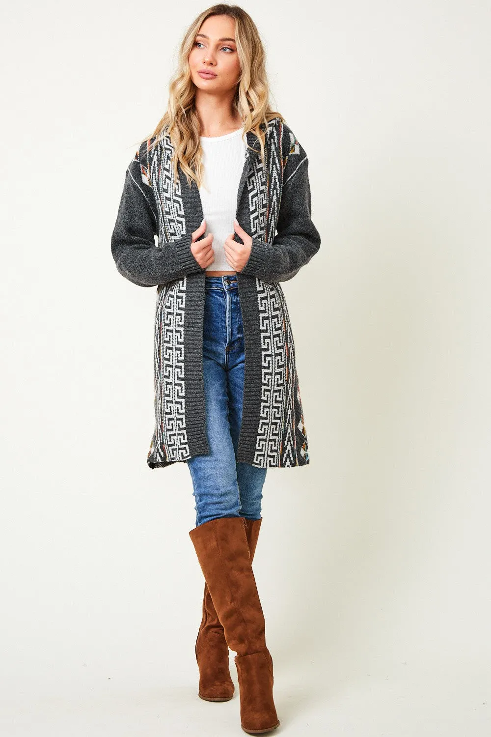 Aztec Pattern Long Sleeve Hooded Open Front Long Sweater Cardigan