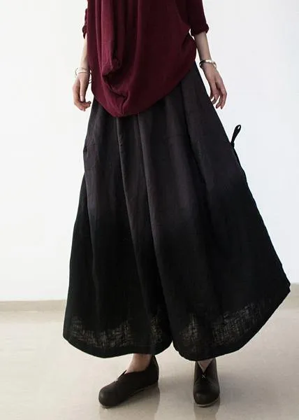 black retro drawstring folds gradient loose large size wide leg pants thick cotton linen skirt pants