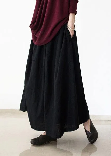 black retro drawstring folds gradient loose large size wide leg pants thick cotton linen skirt pants