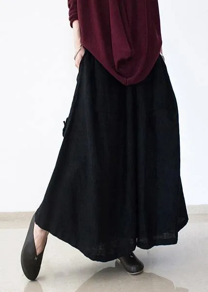 black retro drawstring folds gradient loose large size wide leg pants thick cotton linen skirt pants