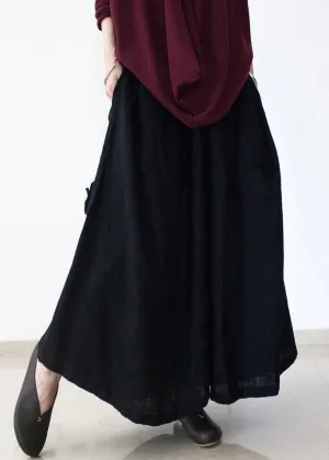 black retro drawstring folds gradient loose large size wide leg pants thick cotton linen skirt pants