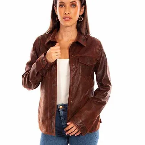 Brown Snap Front Leather Jacket at Bourbon Cowgirl