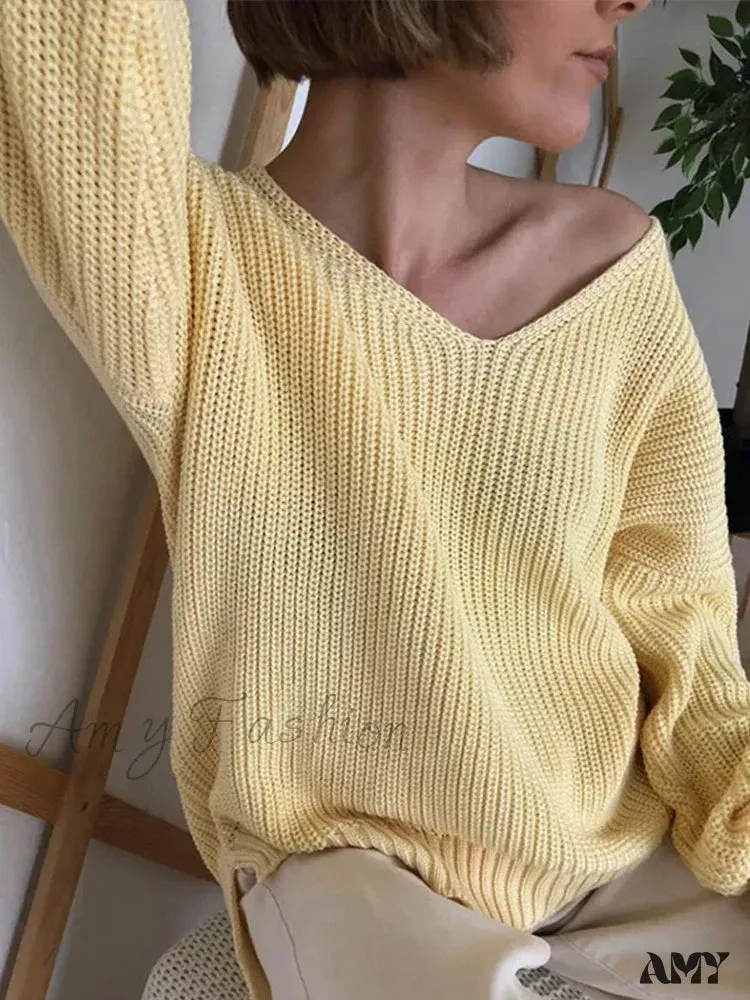 Casual Knitted Women Solid V-neck Long Sleeve Pullover 2024 Autumn Winter Soft Match All Sweater