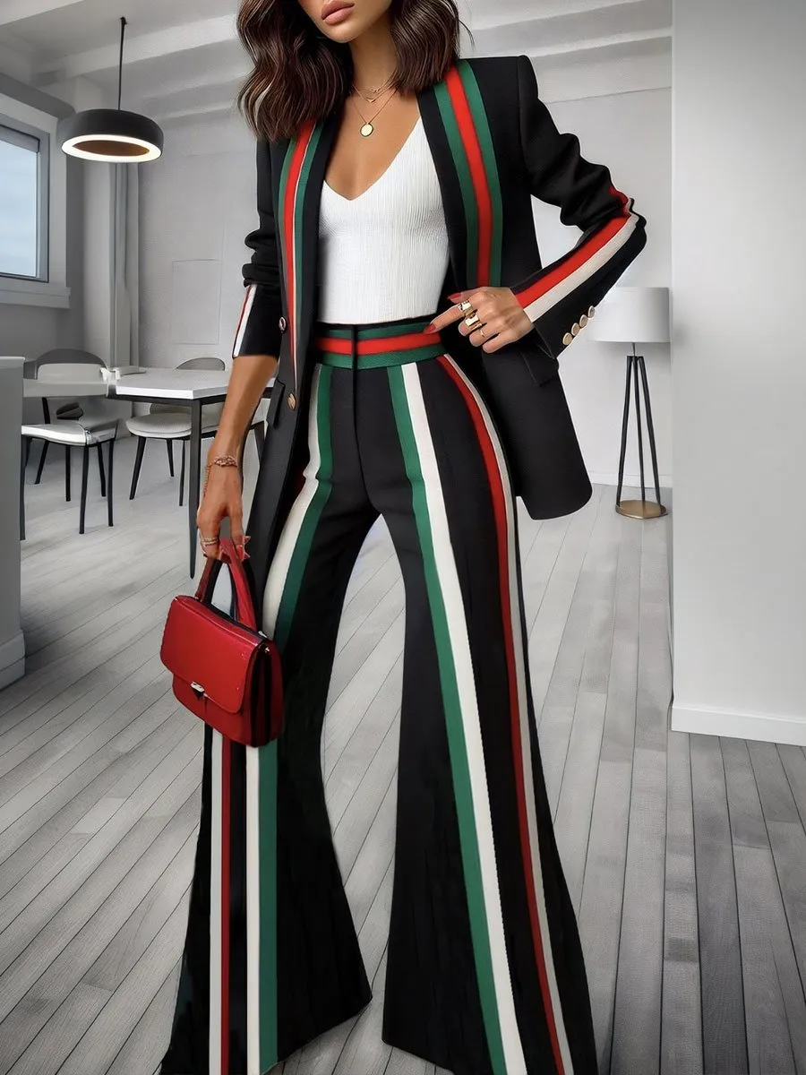 Casual Loose Retro Red, Green And White Contrast Striped Blazer Flared Pants Set