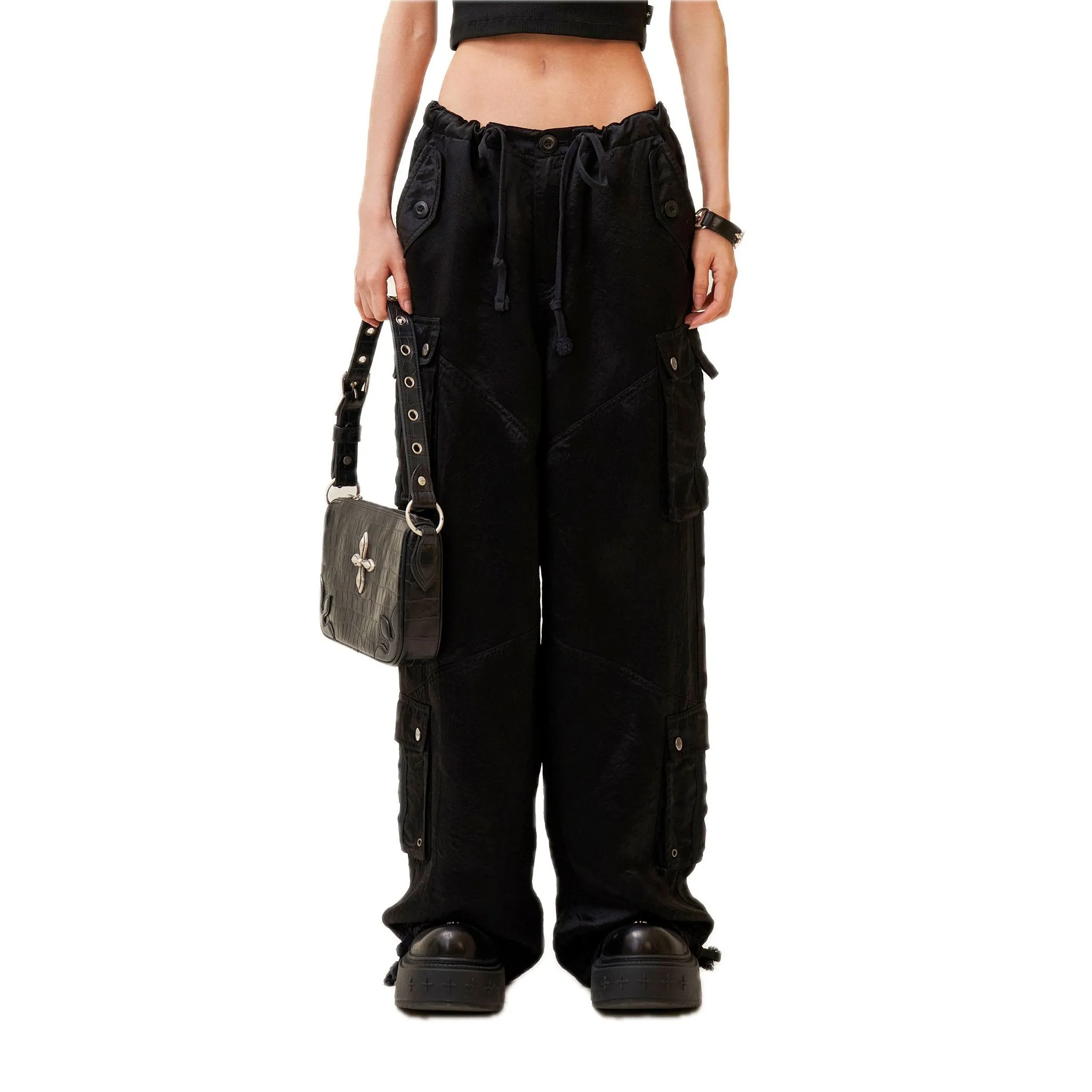 Compass Jade Satin Retro Paratrooper Pants Black