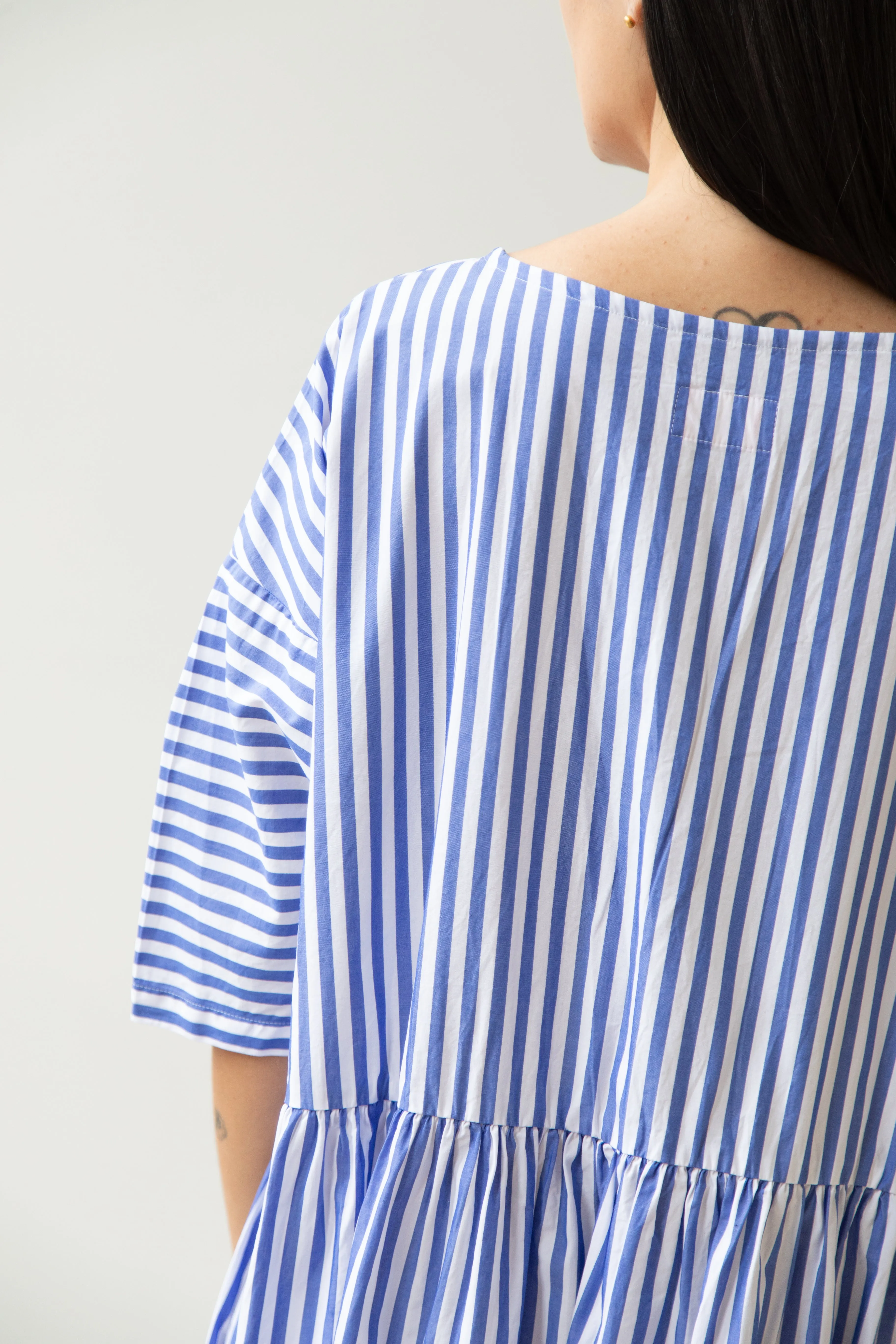 Gallego Desportes | Gather Waist Dress in Blue Stripes