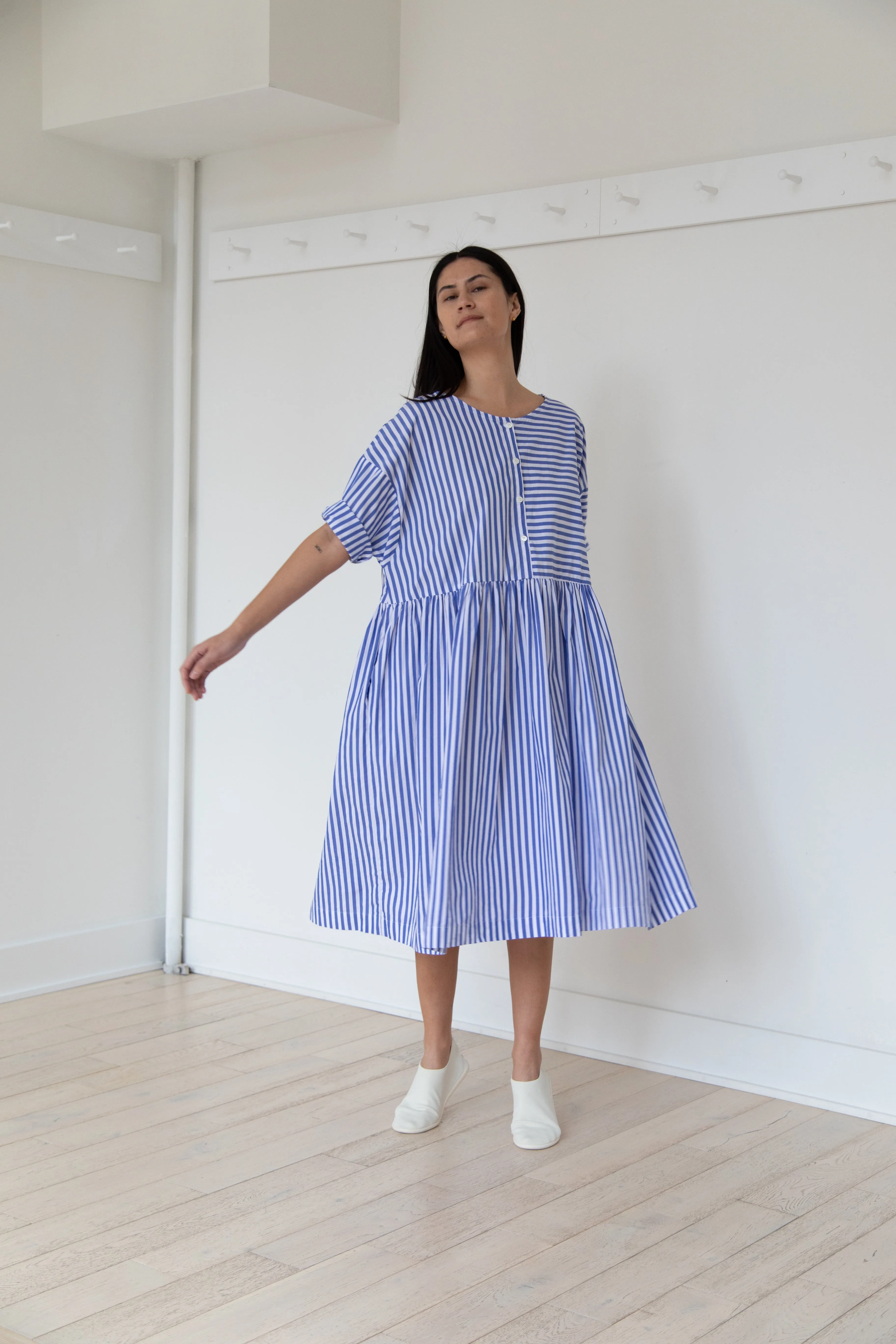 Gallego Desportes | Gather Waist Dress in Blue Stripes