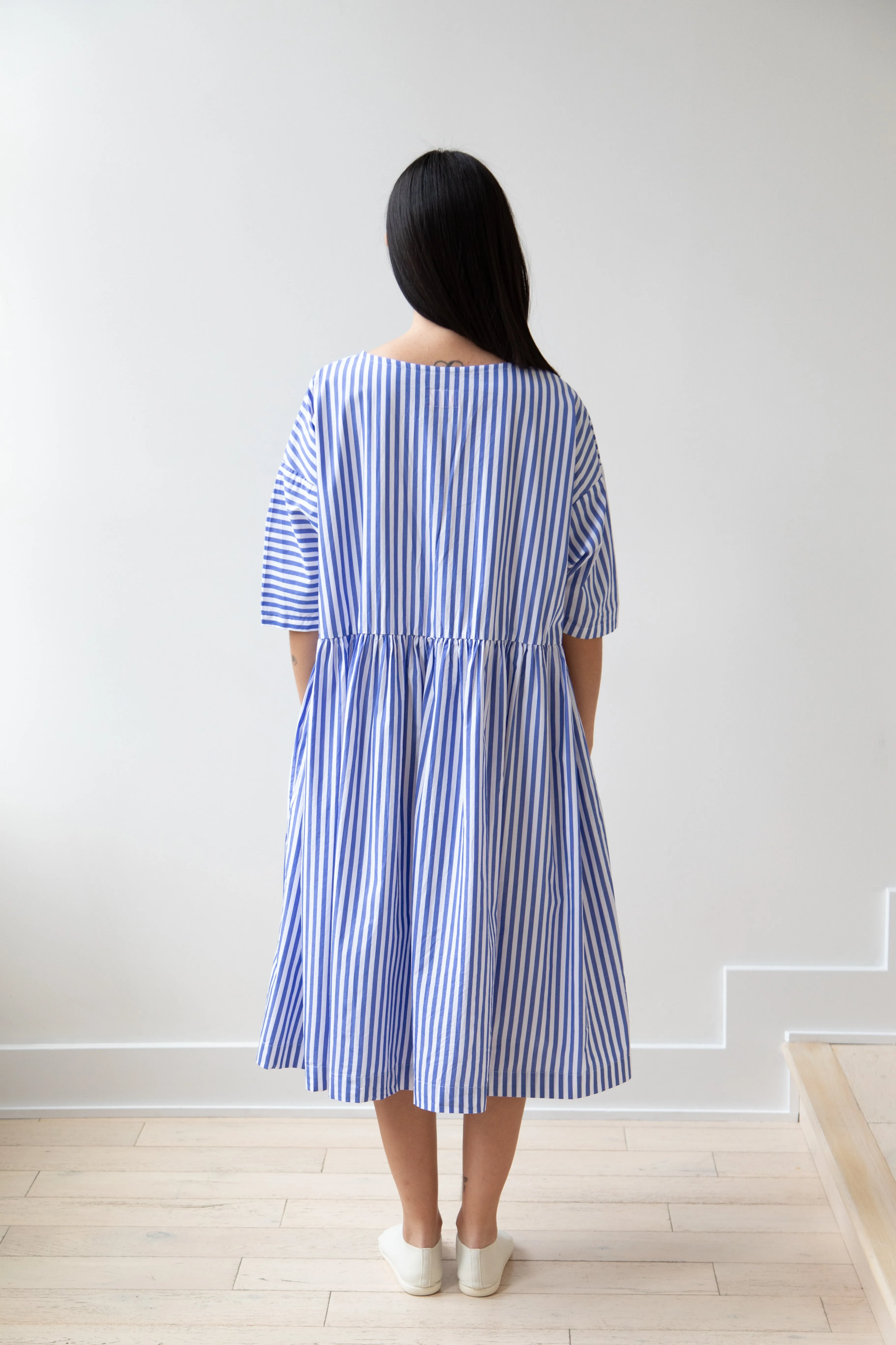 Gallego Desportes | Gather Waist Dress in Blue Stripes