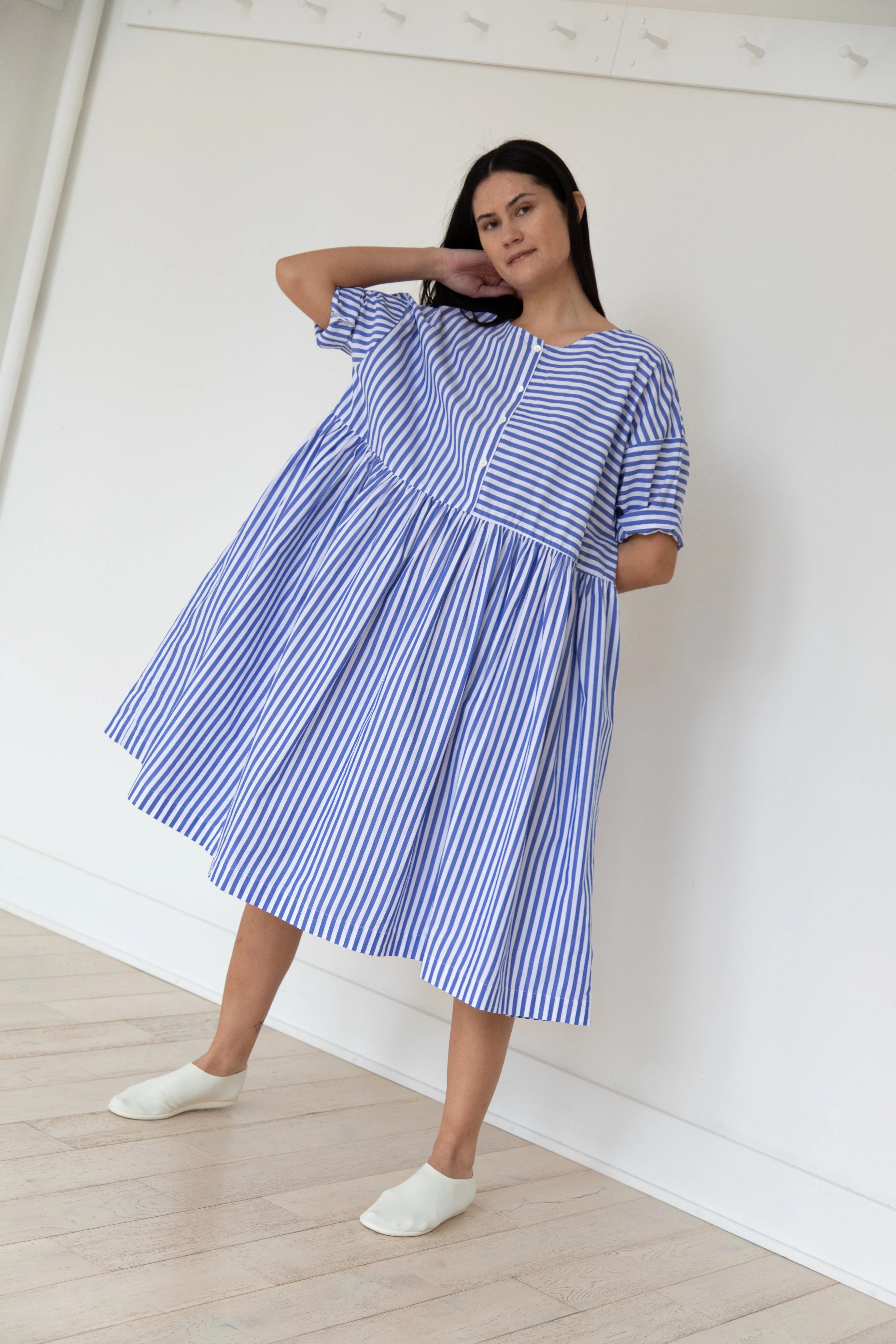 Gallego Desportes | Gather Waist Dress in Blue Stripes