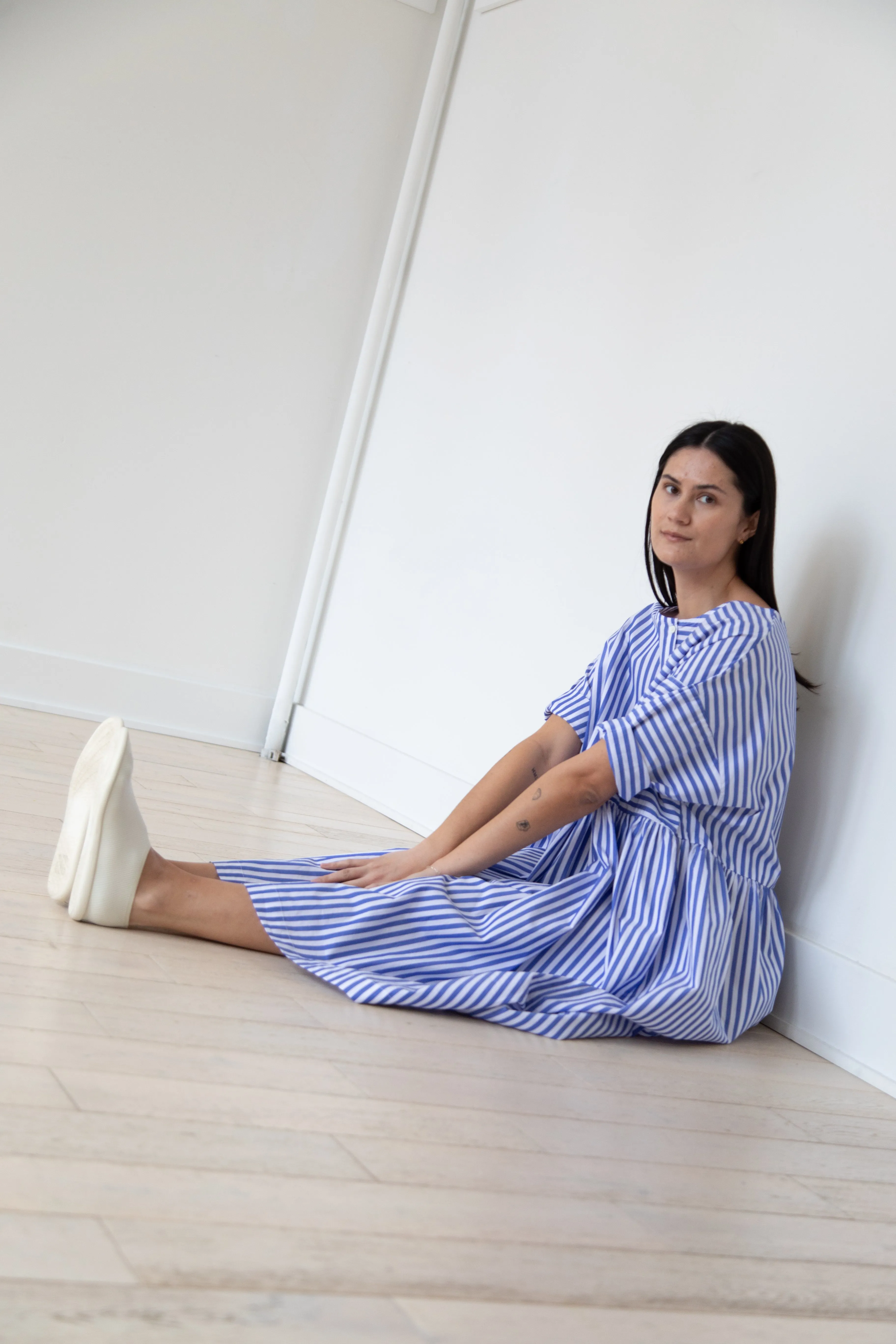 Gallego Desportes | Gather Waist Dress in Blue Stripes