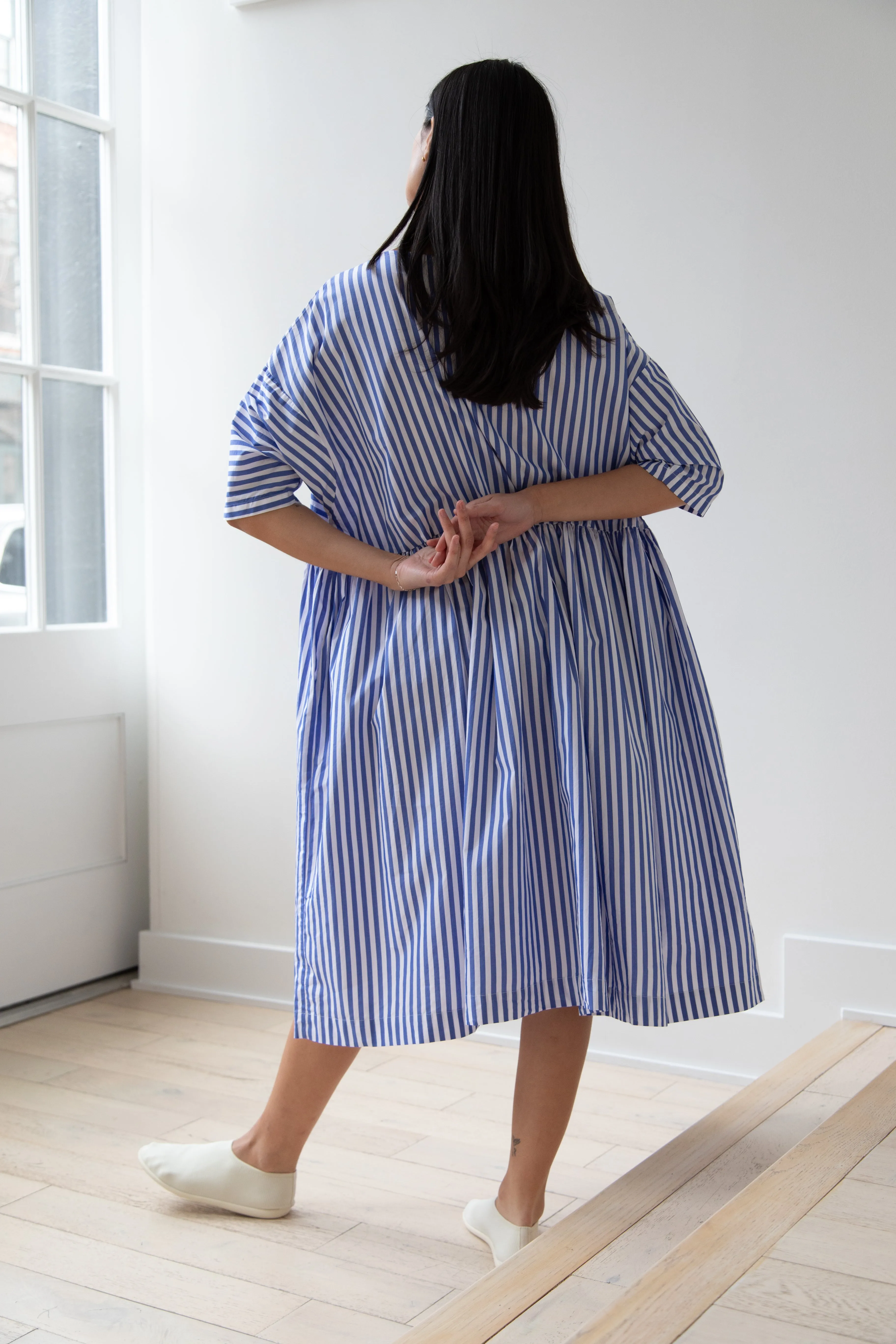 Gallego Desportes | Gather Waist Dress in Blue Stripes