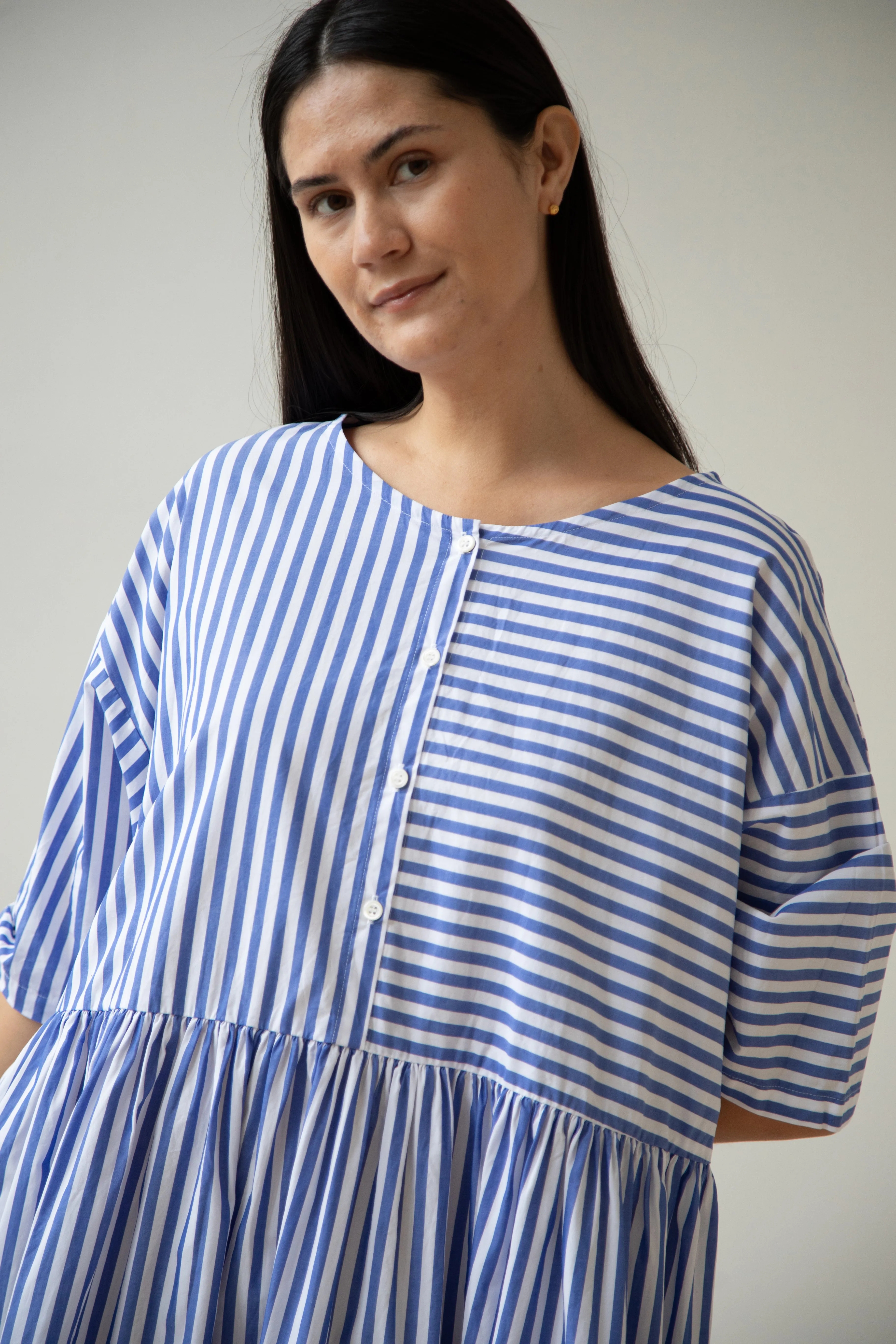 Gallego Desportes | Gather Waist Dress in Blue Stripes