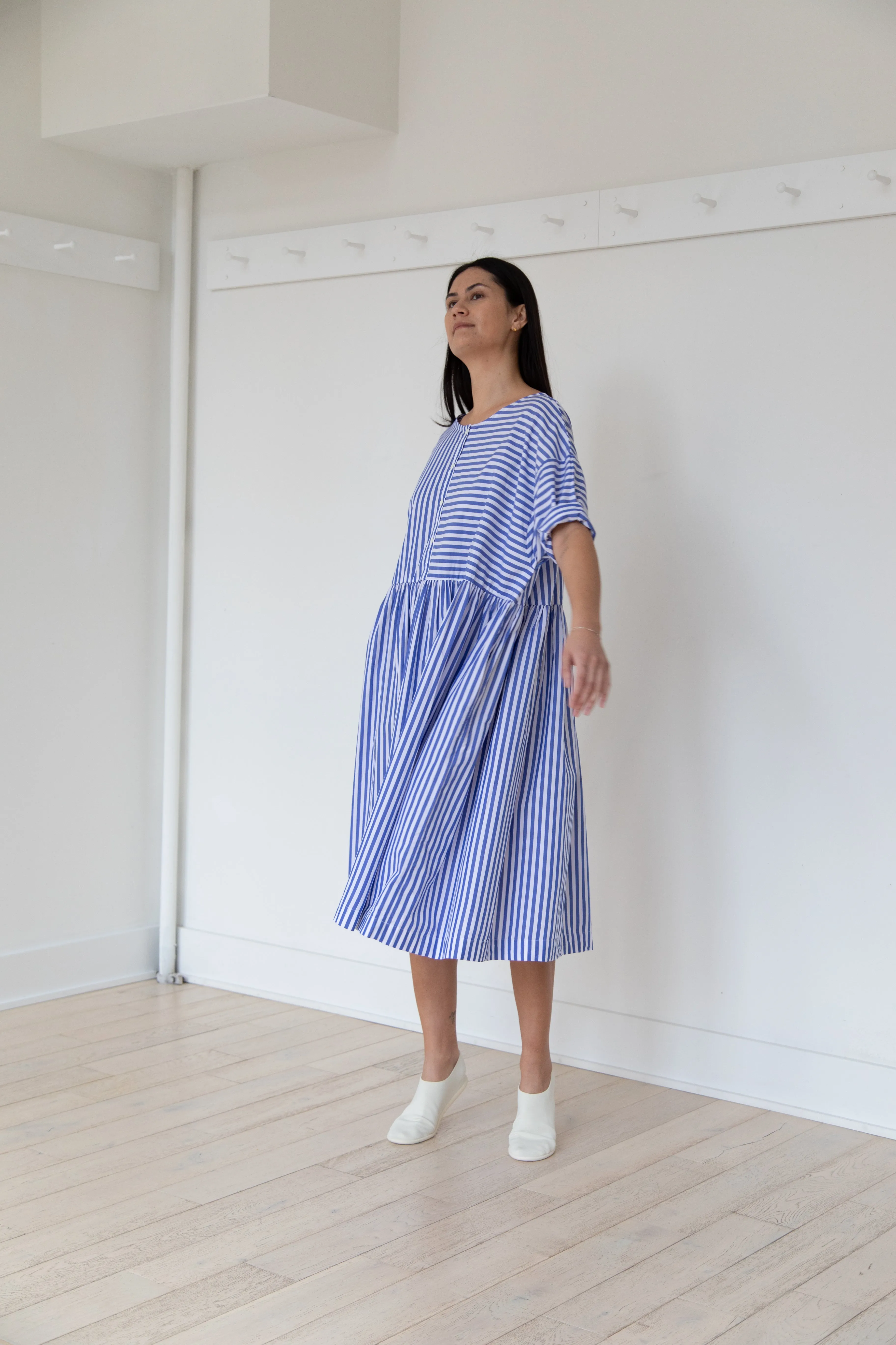 Gallego Desportes | Gather Waist Dress in Blue Stripes