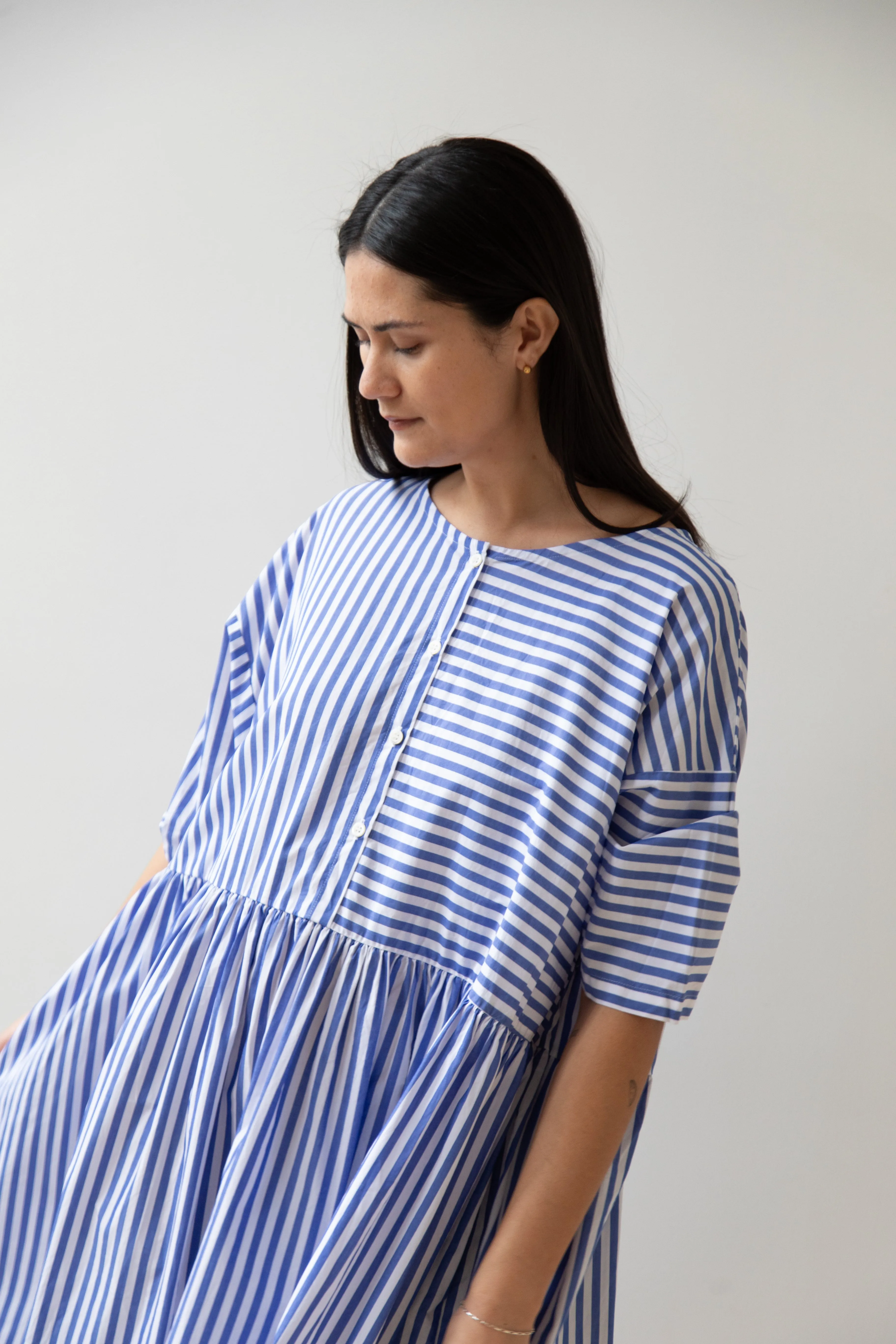 Gallego Desportes | Gather Waist Dress in Blue Stripes