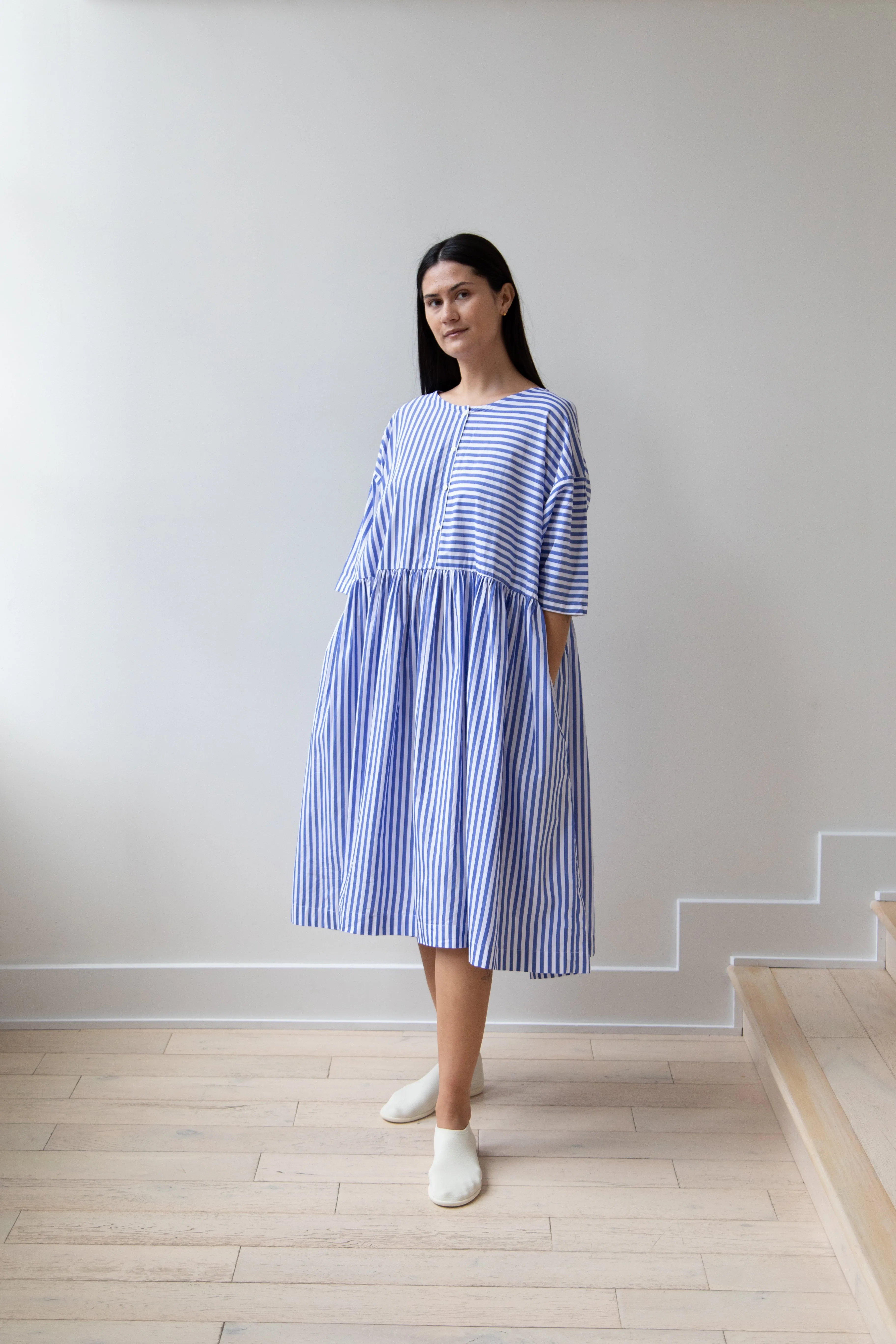 Gallego Desportes | Gather Waist Dress in Blue Stripes