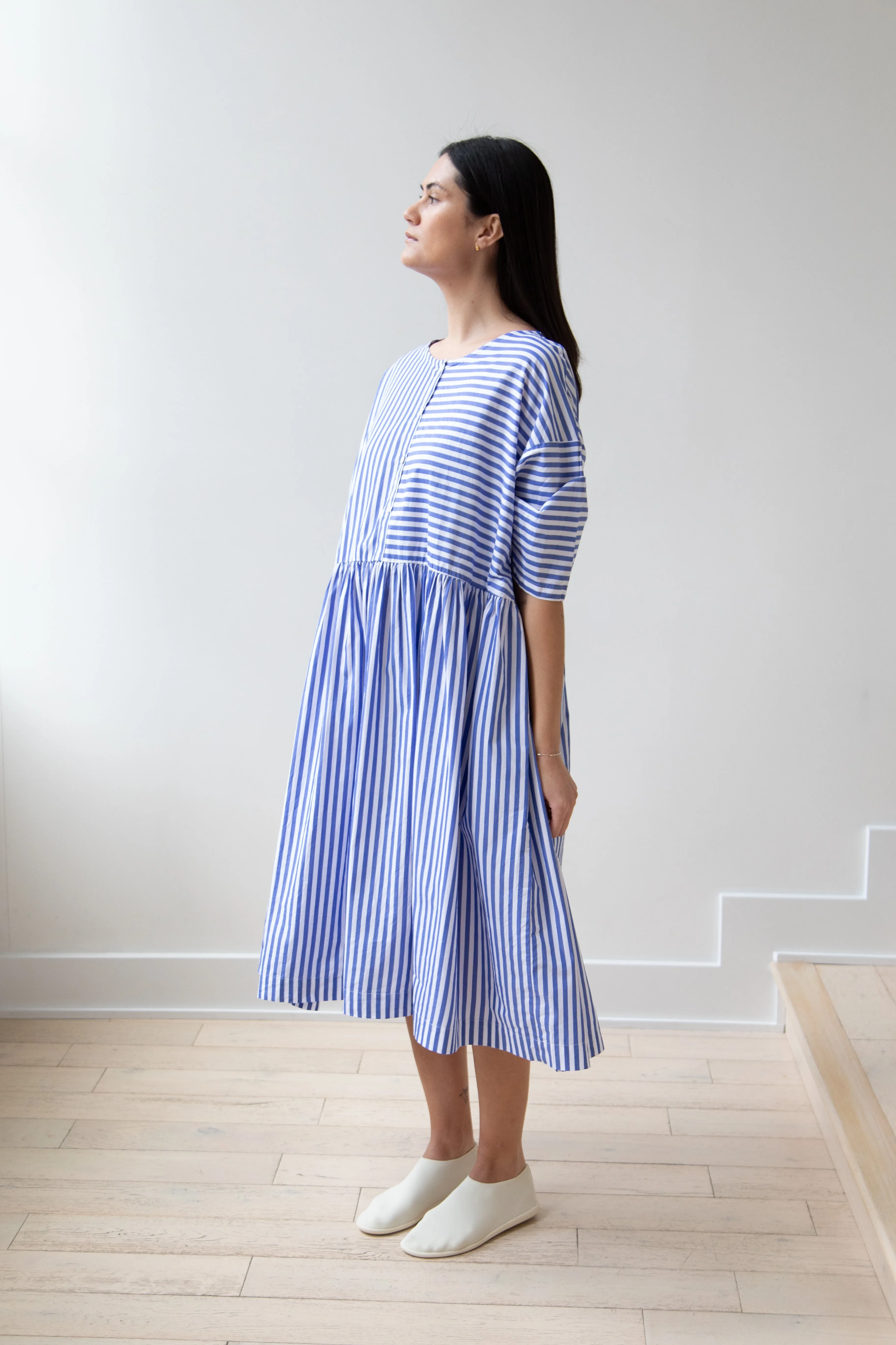 Gallego Desportes | Gather Waist Dress in Blue Stripes