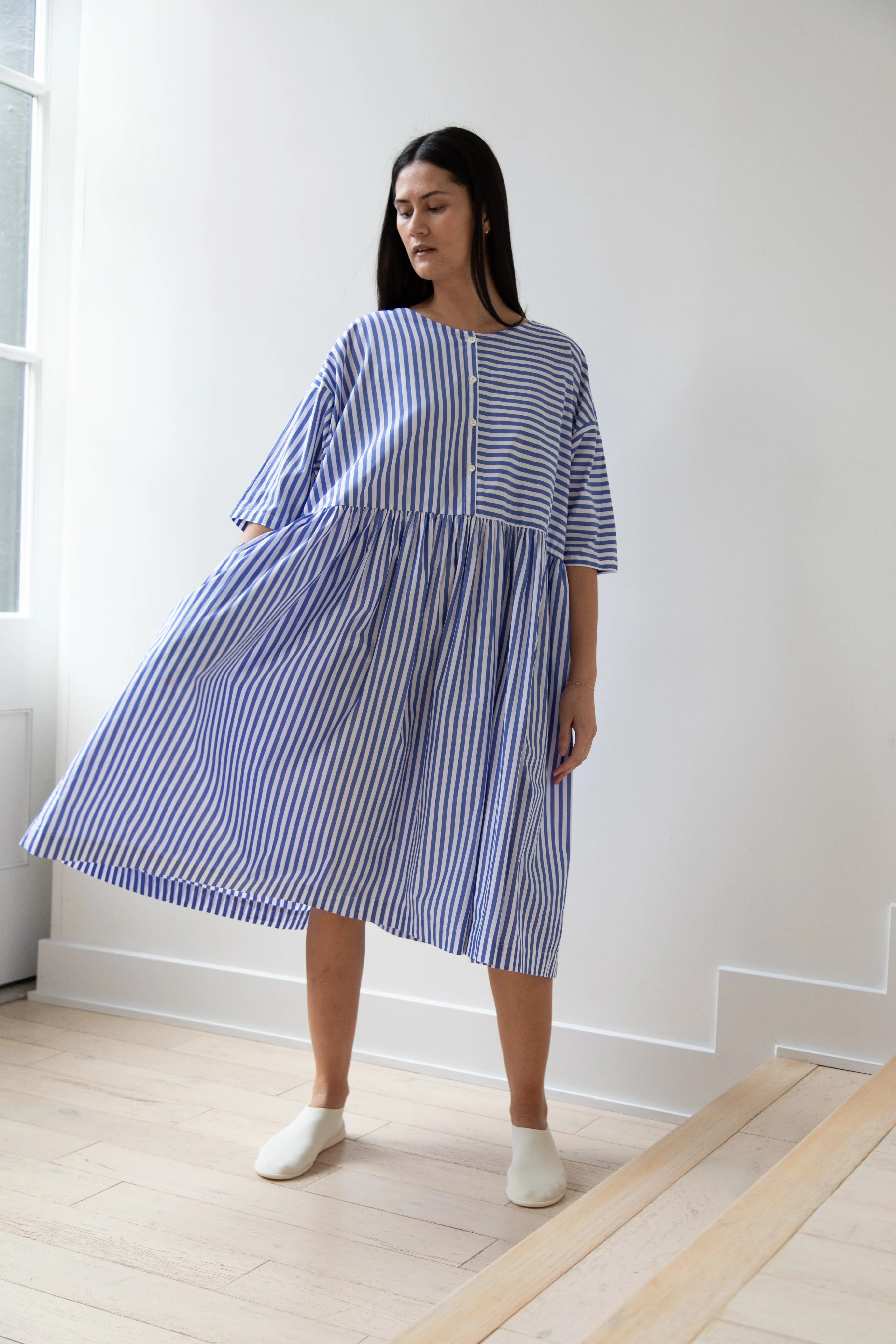 Gallego Desportes | Gather Waist Dress in Blue Stripes