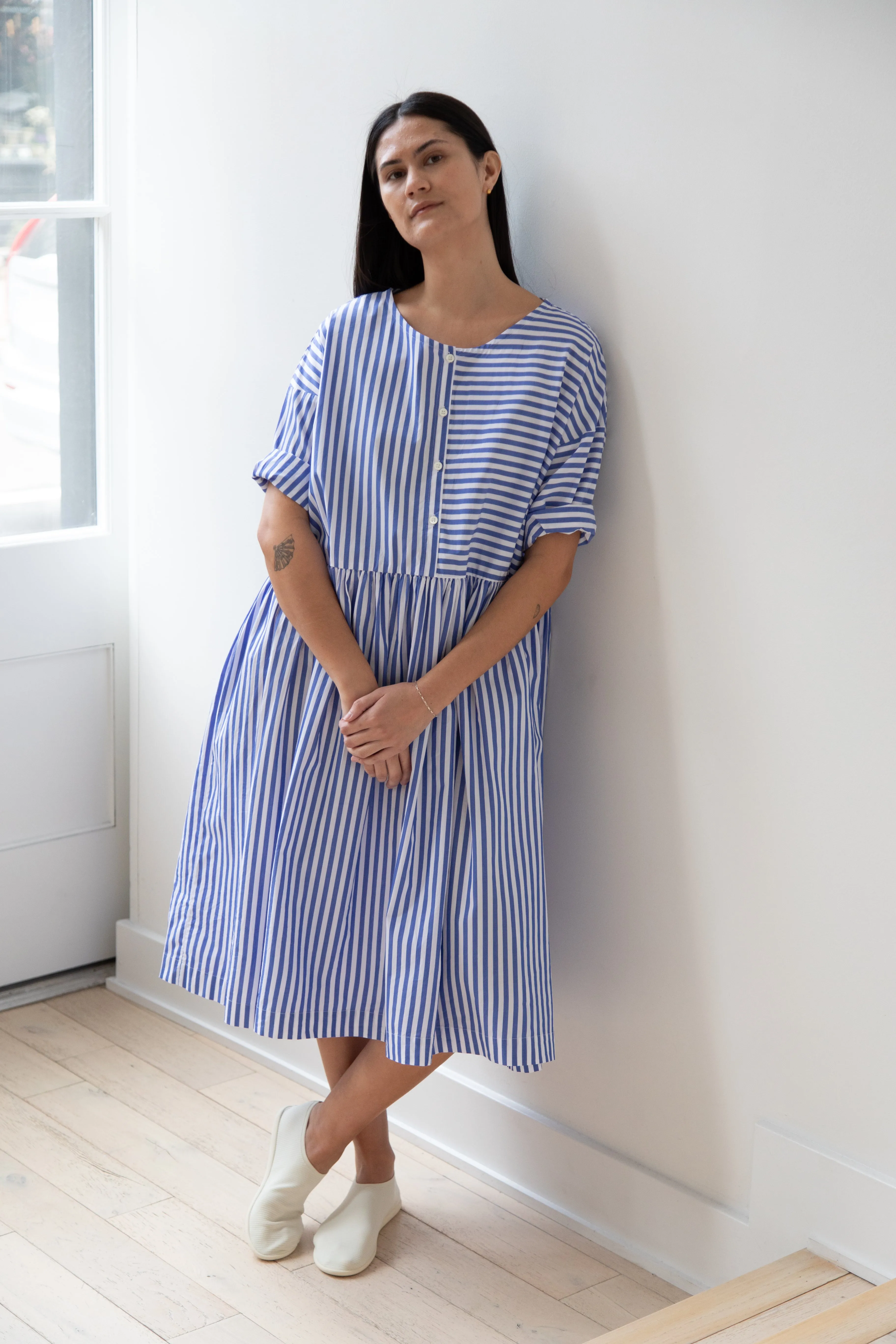 Gallego Desportes | Gather Waist Dress in Blue Stripes