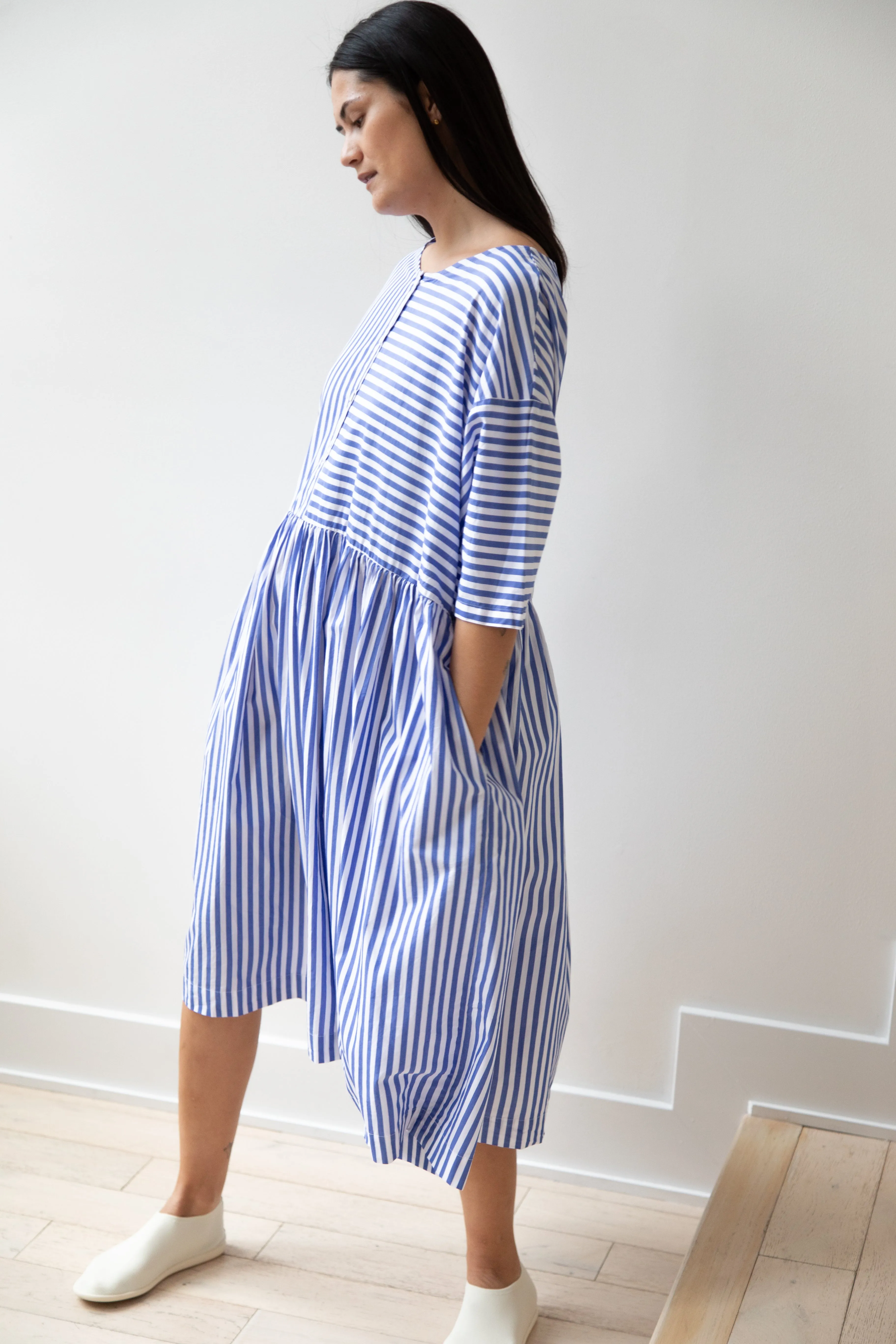 Gallego Desportes | Gather Waist Dress in Blue Stripes