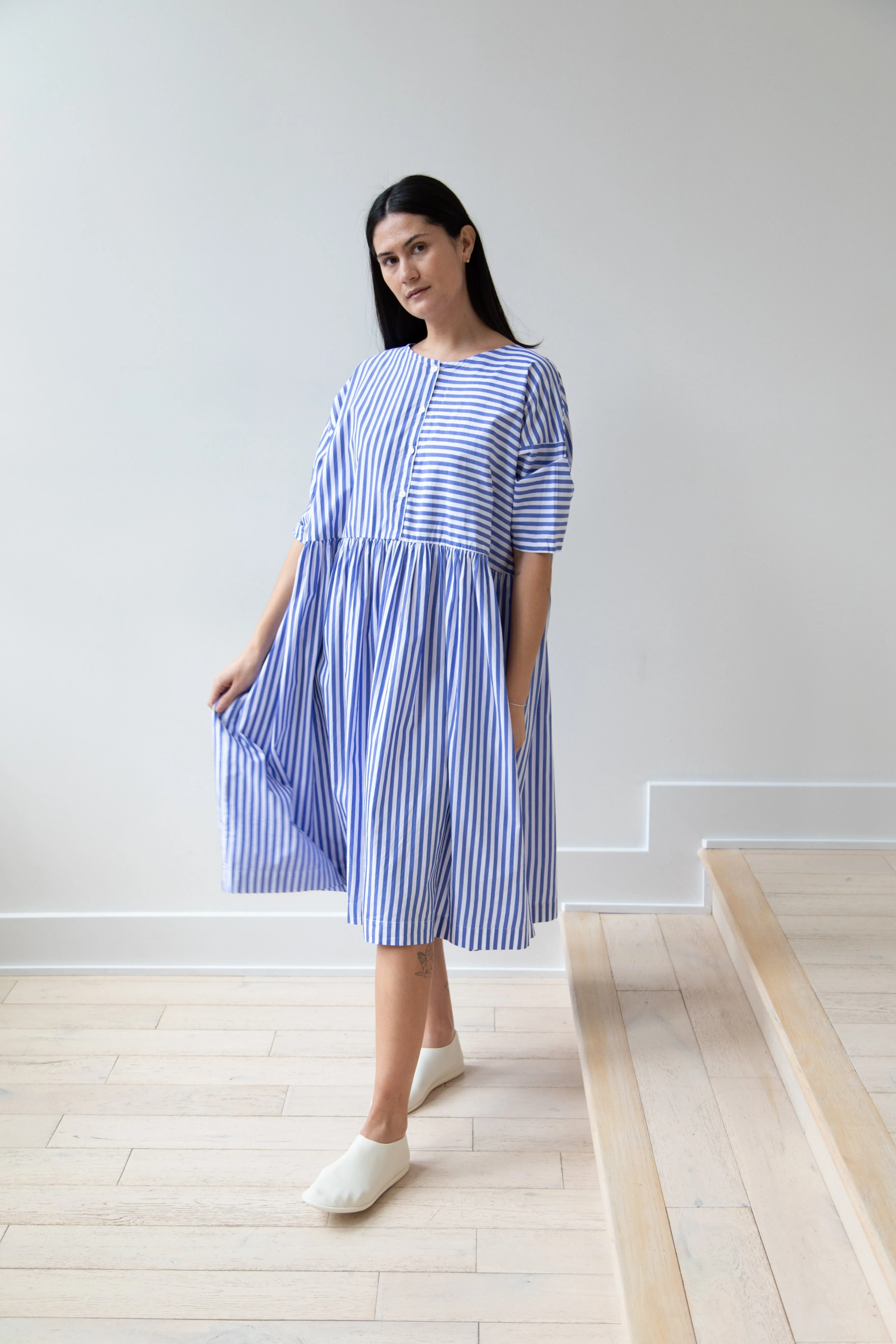 Gallego Desportes | Gather Waist Dress in Blue Stripes