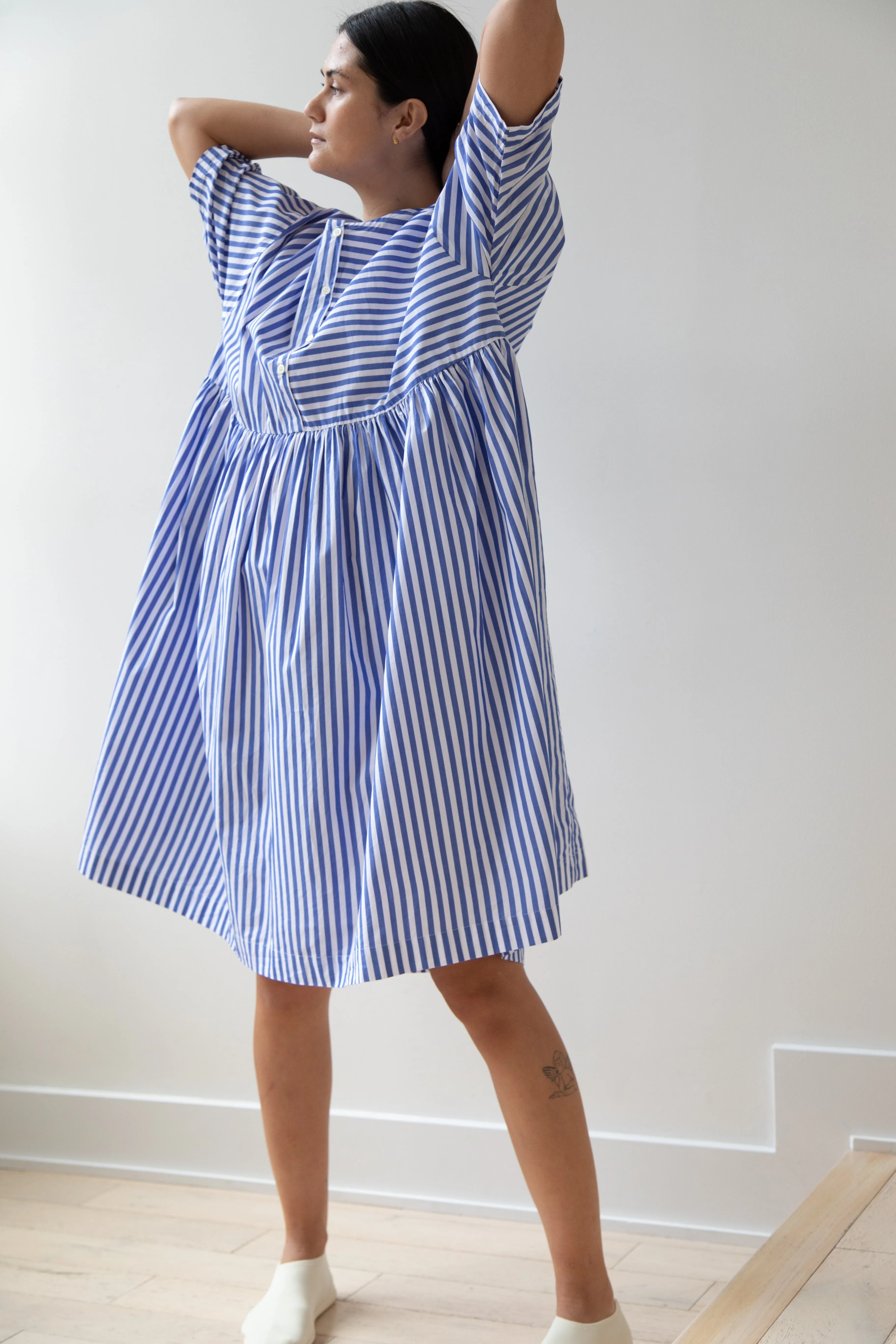 Gallego Desportes | Gather Waist Dress in Blue Stripes