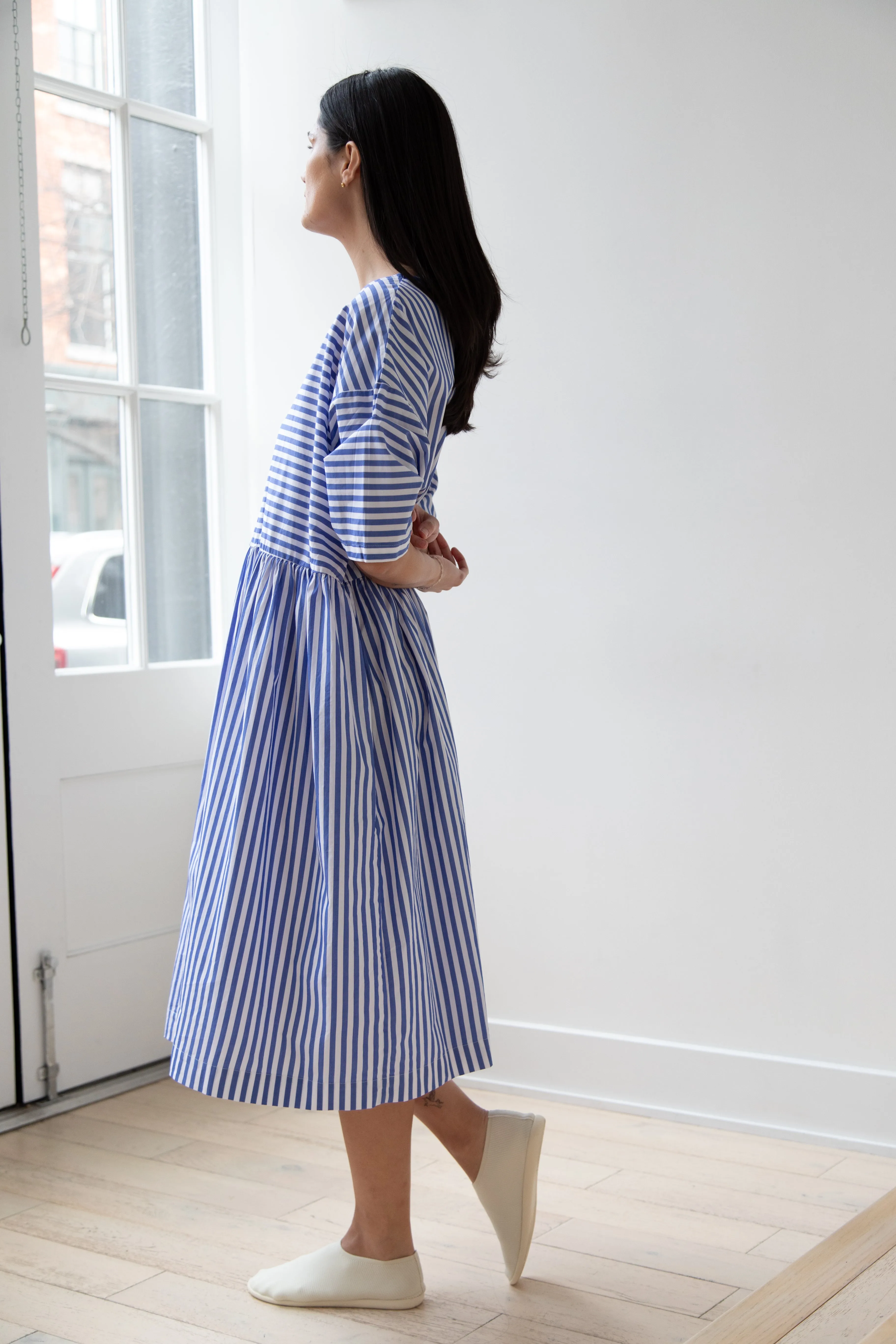 Gallego Desportes | Gather Waist Dress in Blue Stripes