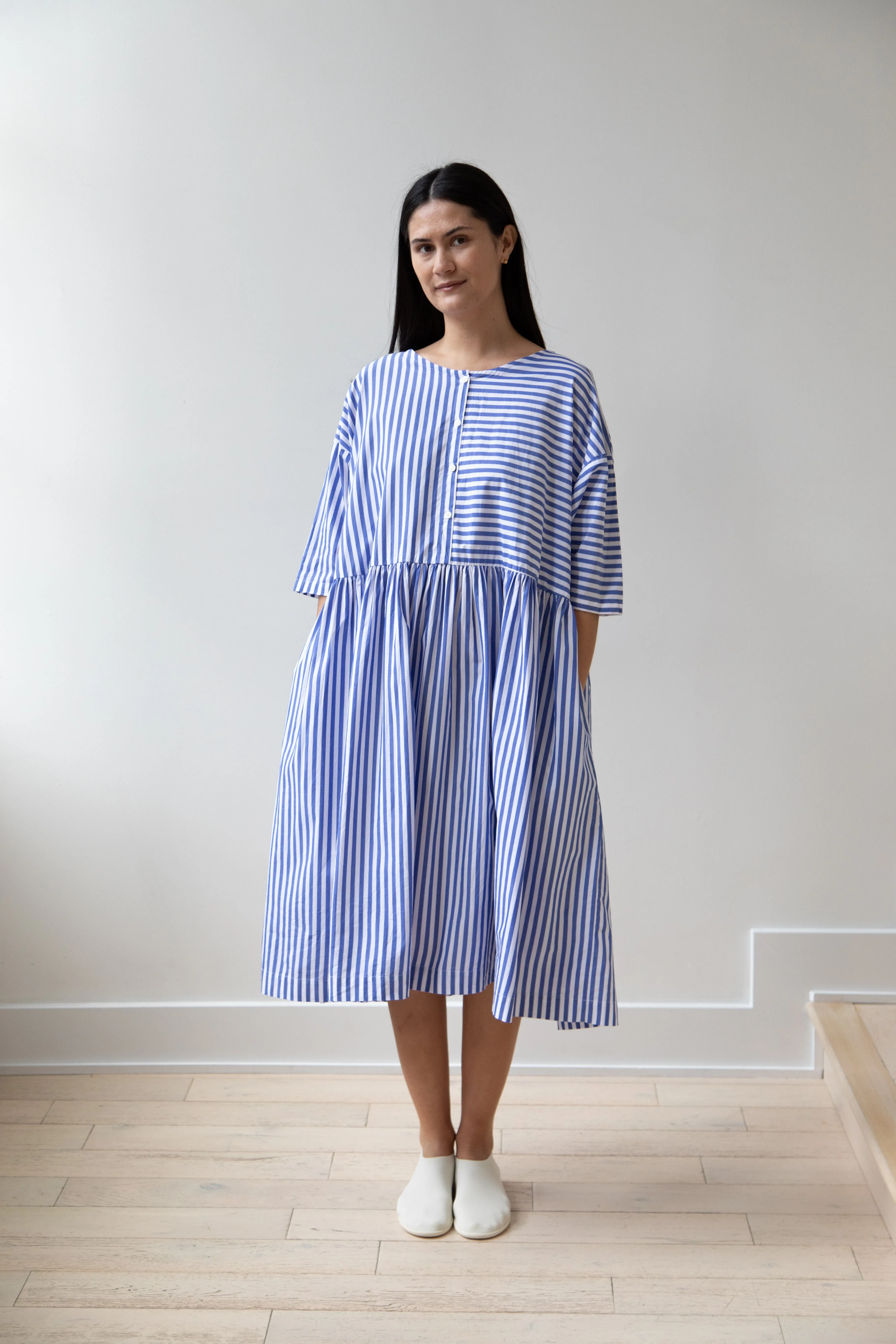 Gallego Desportes | Gather Waist Dress in Blue Stripes