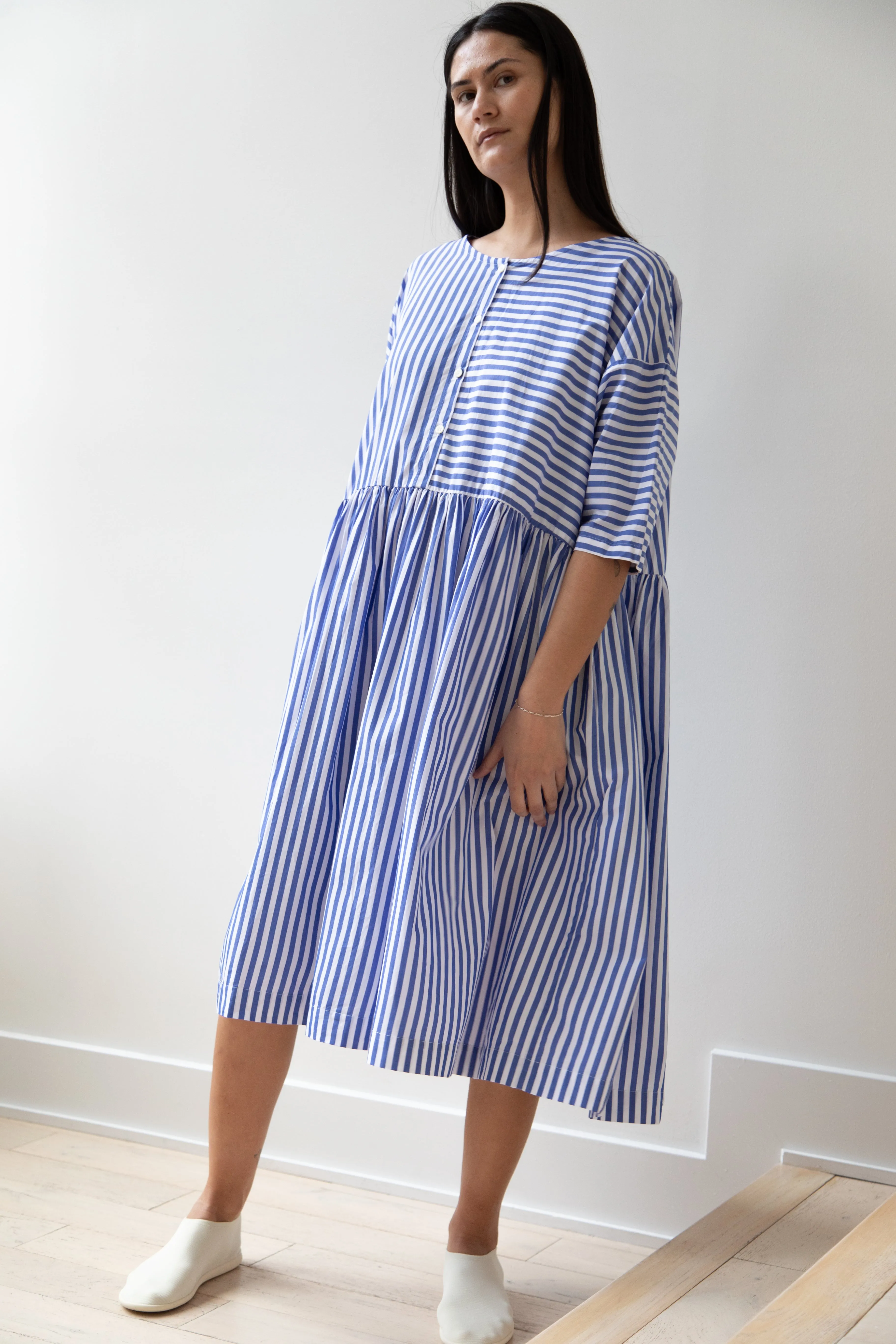 Gallego Desportes | Gather Waist Dress in Blue Stripes