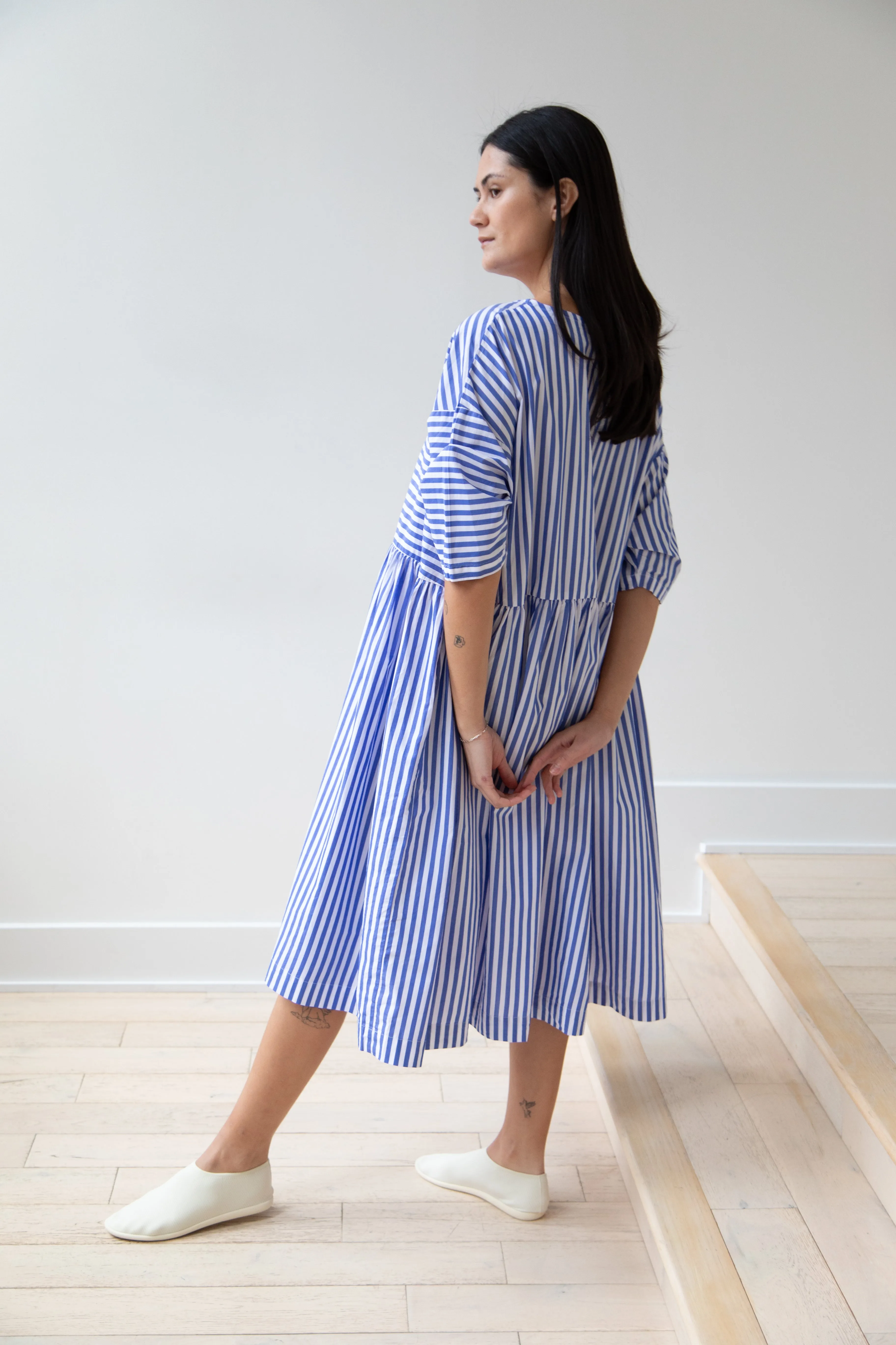 Gallego Desportes | Gather Waist Dress in Blue Stripes