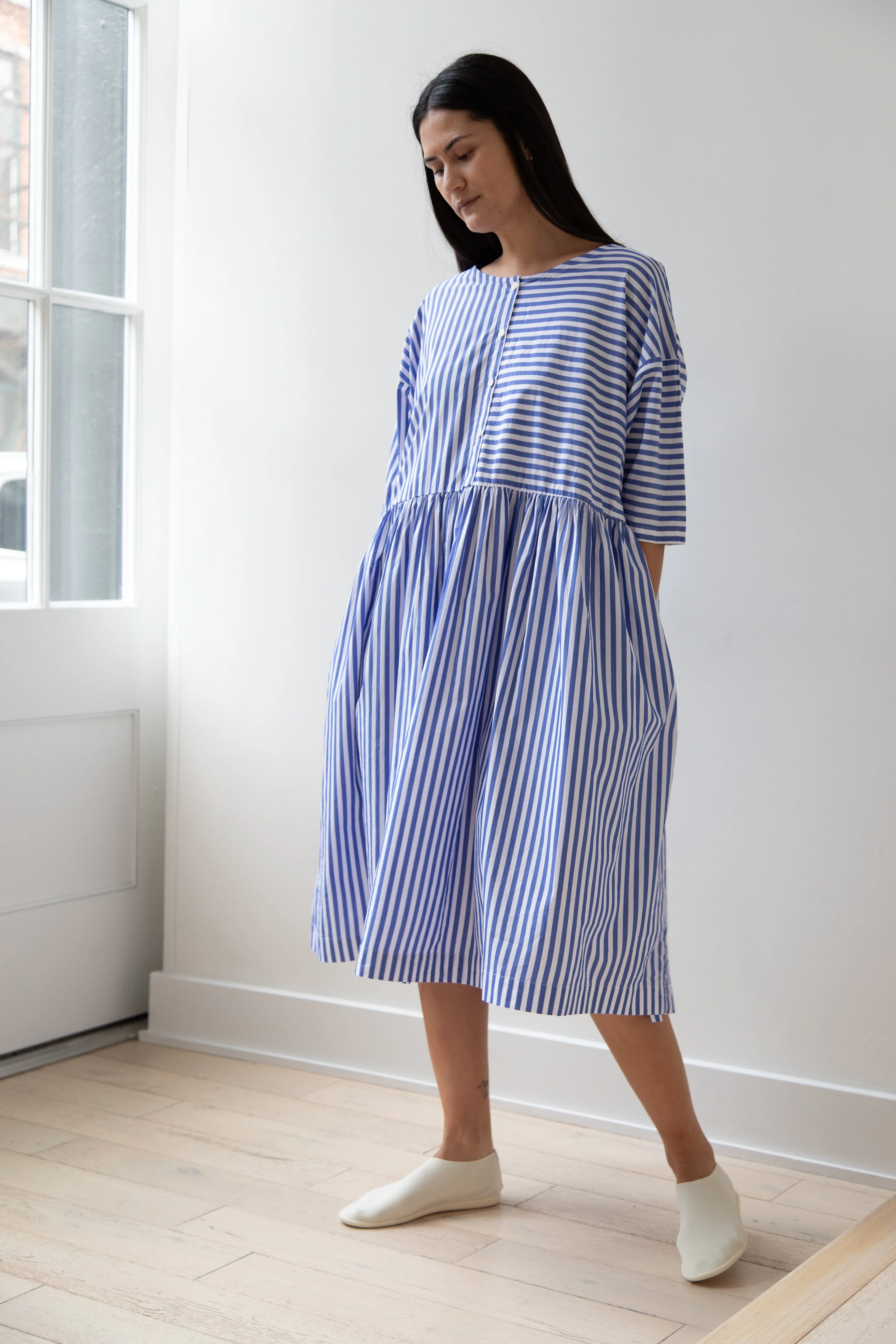 Gallego Desportes | Gather Waist Dress in Blue Stripes