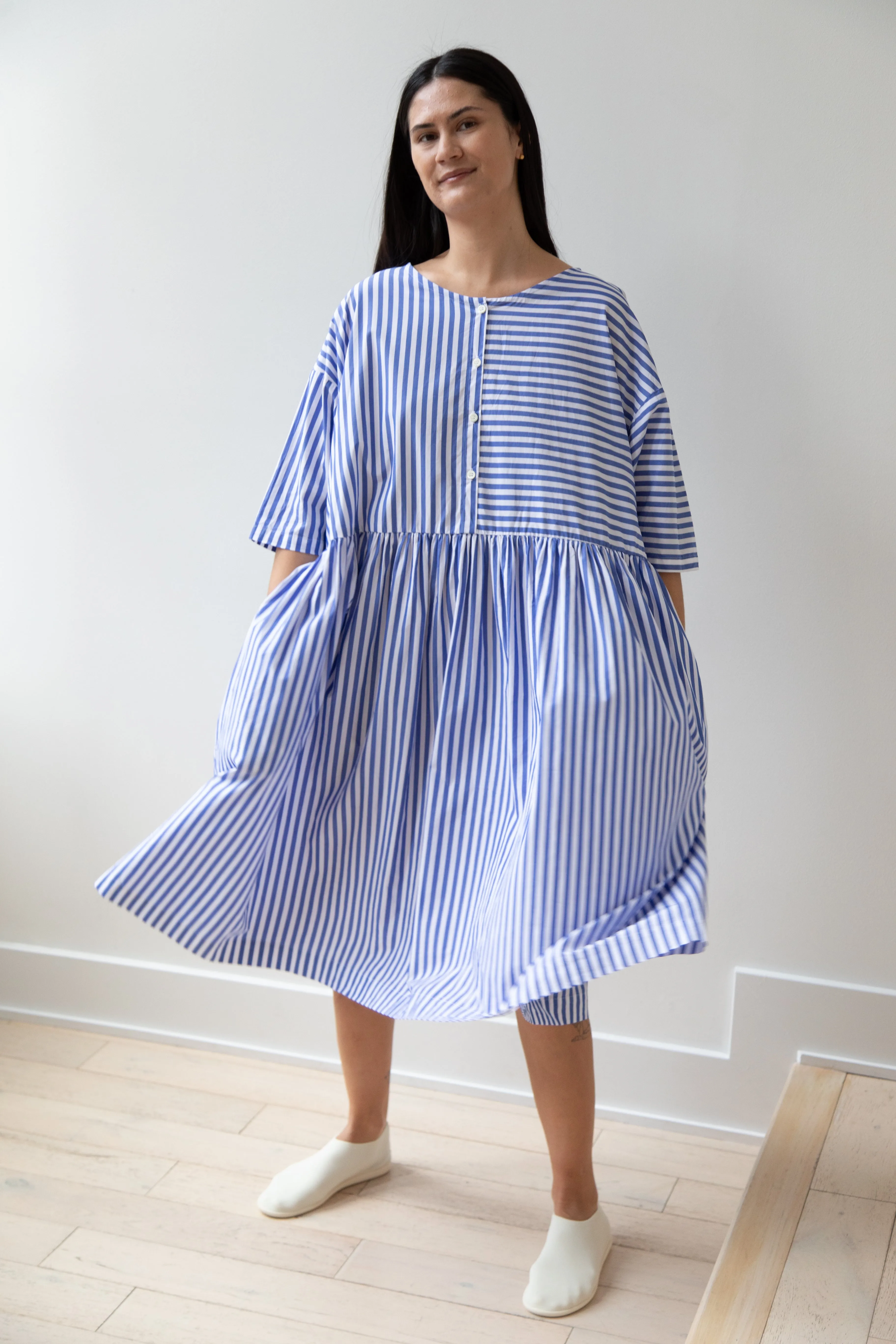 Gallego Desportes | Gather Waist Dress in Blue Stripes