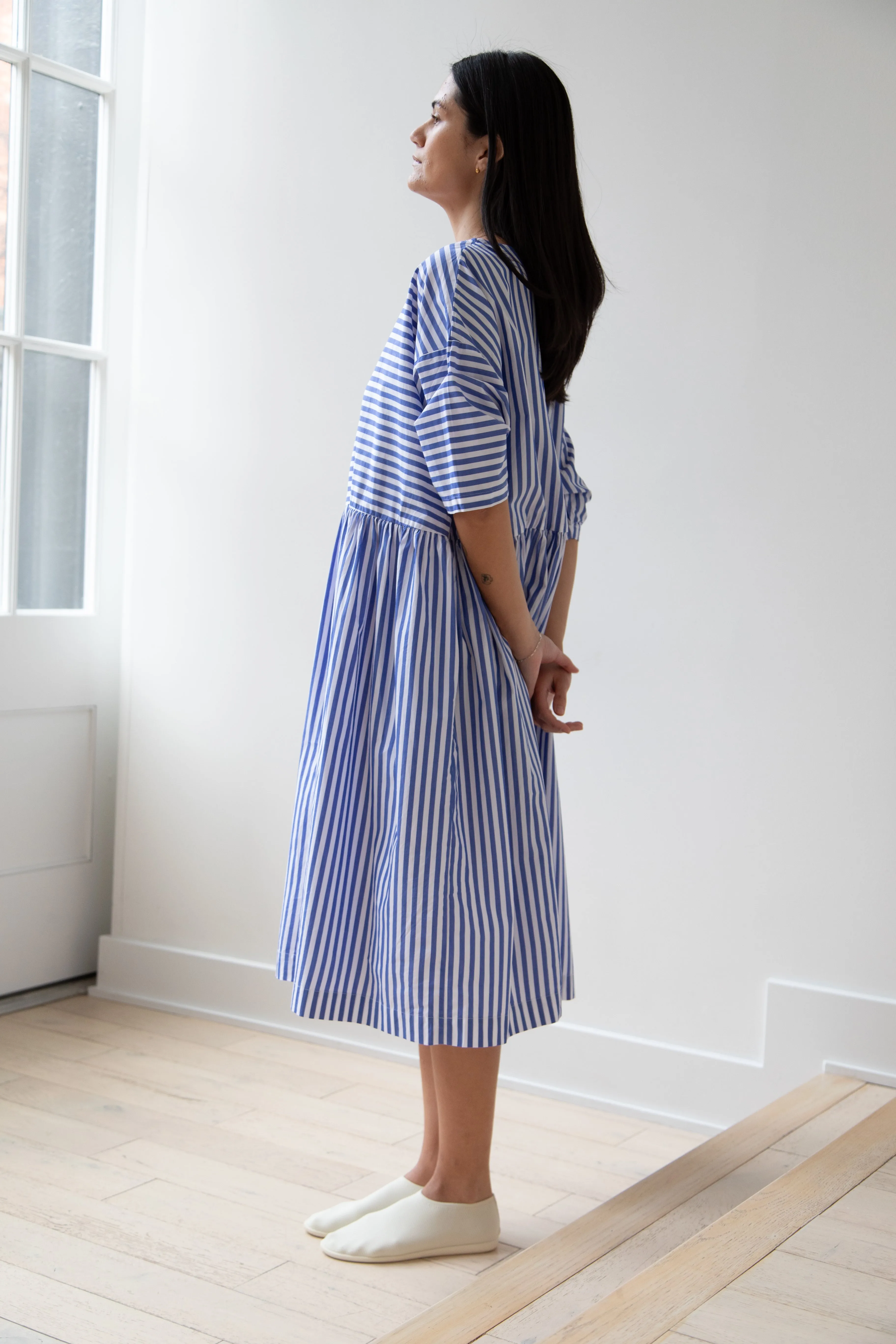 Gallego Desportes | Gather Waist Dress in Blue Stripes