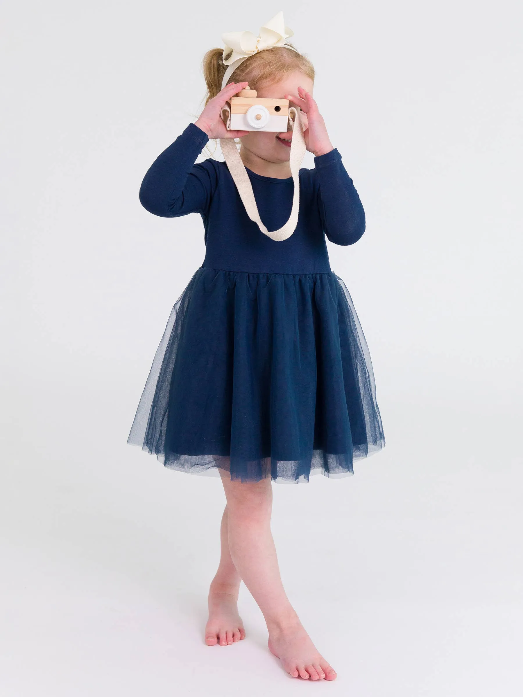 Girls Dark Navy Long Sleeve Tulle Twirl Dress