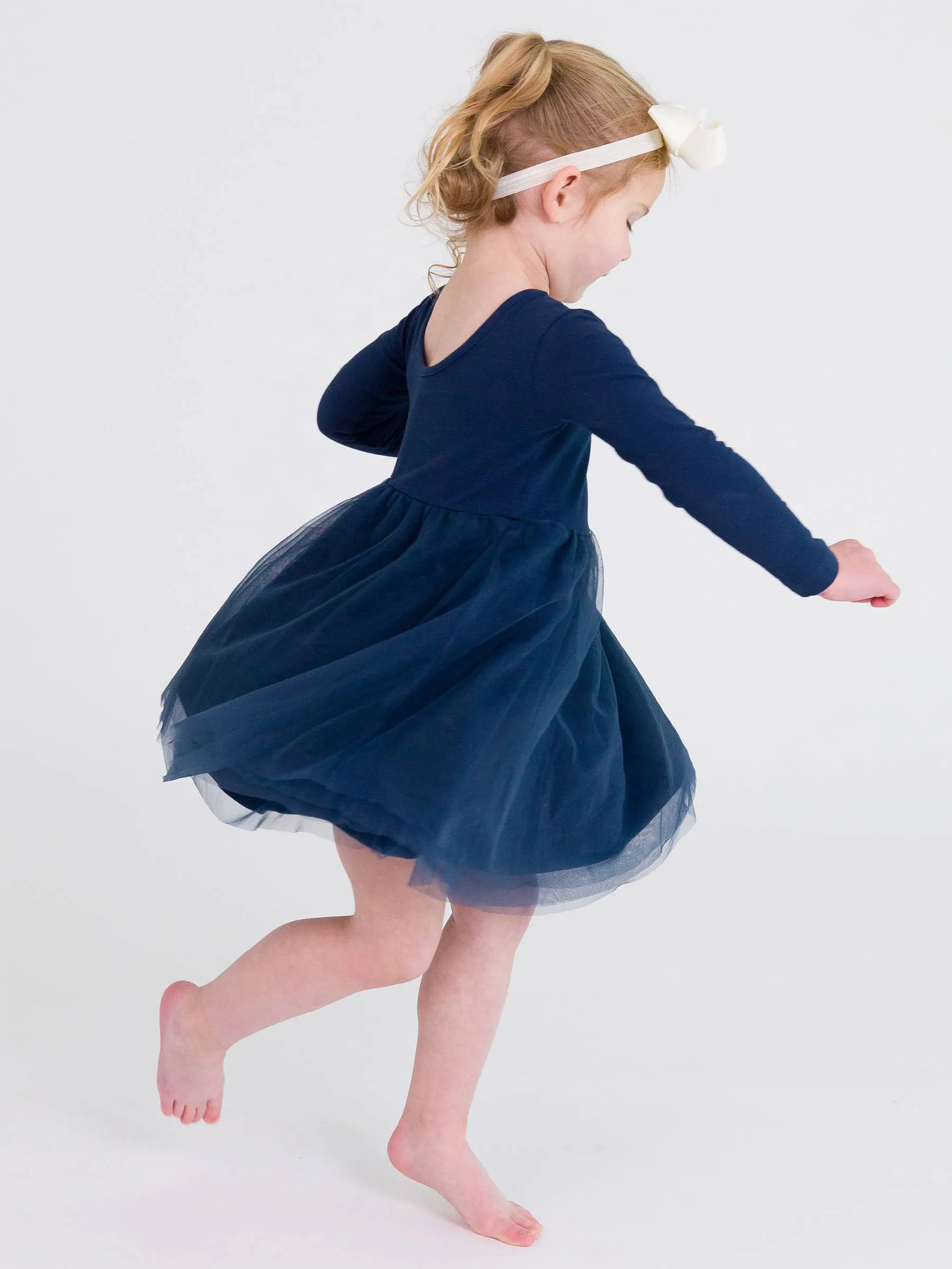 Girls Dark Navy Long Sleeve Tulle Twirl Dress