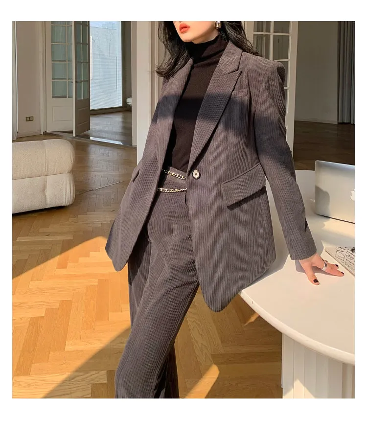 Gray WANXO retro corduroy two-piece suit new suit jacket high waist casual wide leg pants- Orfara