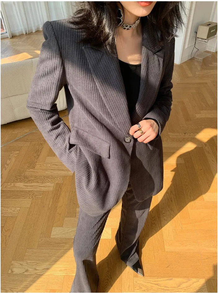 Gray WANXO retro corduroy two-piece suit new suit jacket high waist casual wide leg pants- Orfara