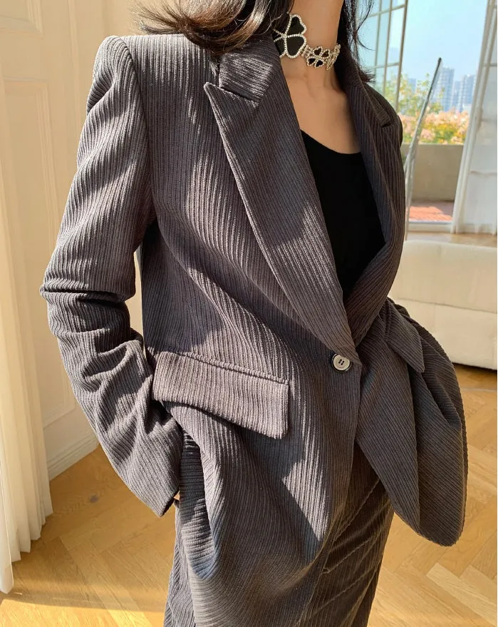 Gray WANXO retro corduroy two-piece suit new suit jacket high waist casual wide leg pants- Orfara