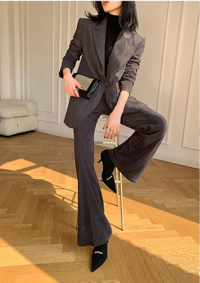 Gray WANXO retro corduroy two-piece suit new suit jacket high waist casual wide leg pants- Orfara