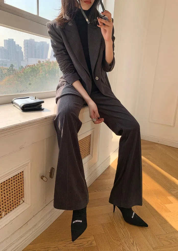 Gray WANXO retro corduroy two-piece suit new suit jacket high waist casual wide leg pants- Orfara