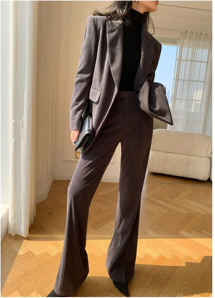 Gray WANXO retro corduroy two-piece suit new suit jacket high waist casual wide leg pants- Orfara