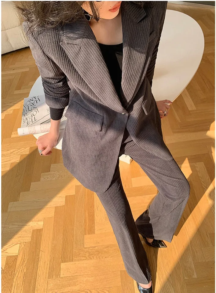 Gray WANXO retro corduroy two-piece suit new suit jacket high waist casual wide leg pants- Orfara