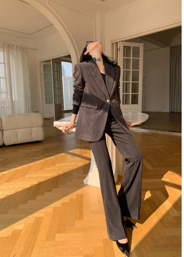 Gray WANXO retro corduroy two-piece suit new suit jacket high waist casual wide leg pants- Orfara