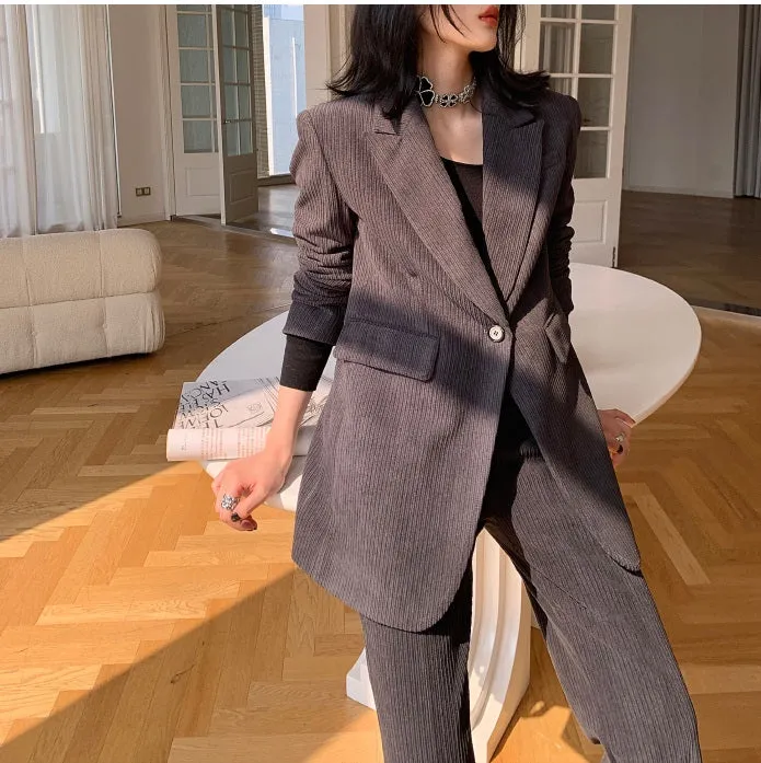 Gray WANXO retro corduroy two-piece suit new suit jacket high waist casual wide leg pants- Orfara