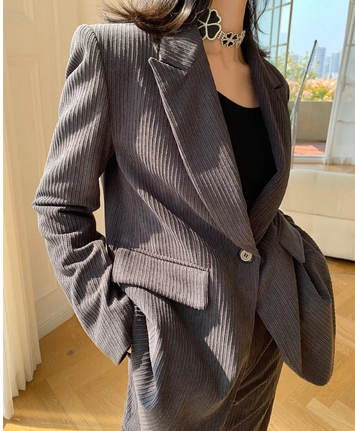 Gray WANXO retro corduroy two-piece suit new suit jacket high waist casual wide leg pants- Orfara