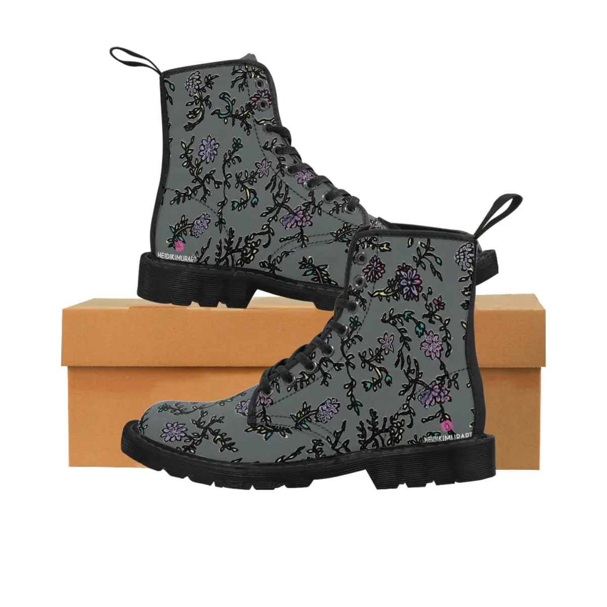 Grey Floral Print Women's Boots, Purple Floral Women's Boots, Best Winter Boots For Women (US Size 6.5-11)