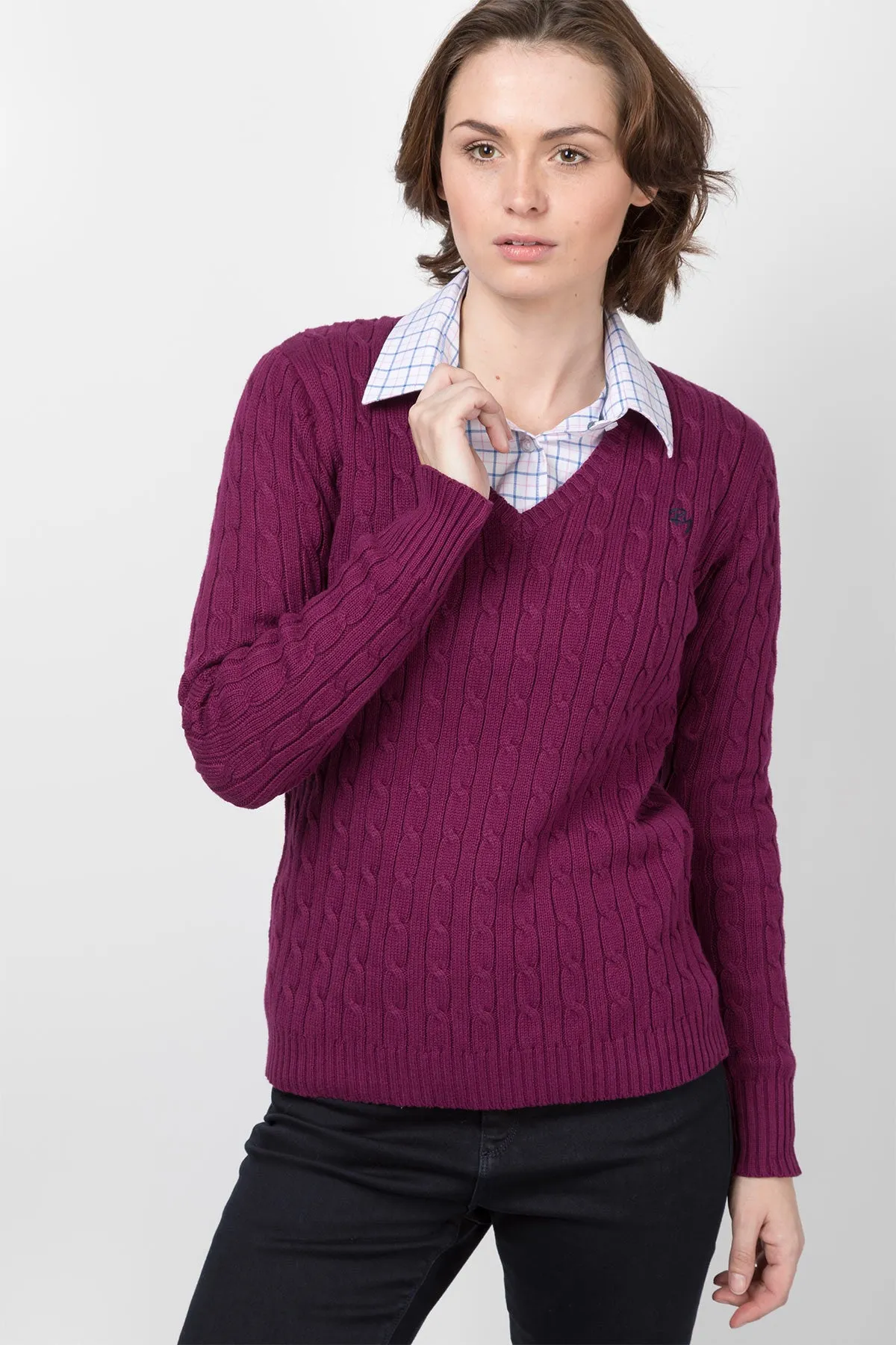 Ladies Cable Knit V Neck Jumper