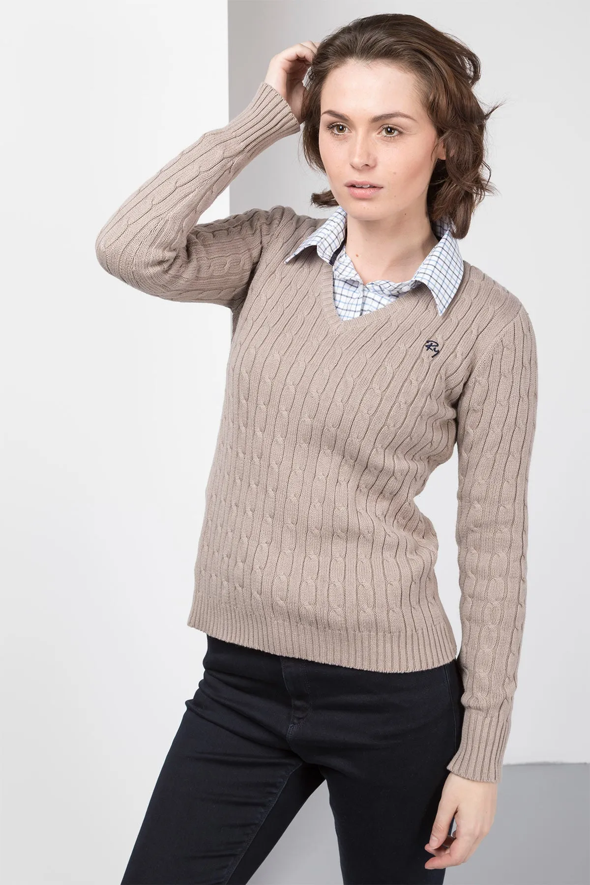 Ladies Cable Knit V Neck Jumper