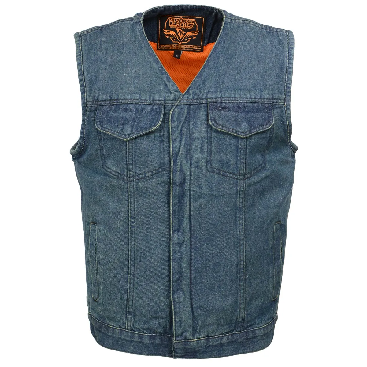 Milwaukee Leather MDM3012 Men's 'Brute' Concealed Snap Blue Denim V-Neck Club Style Vest w/ Hidden Zipper